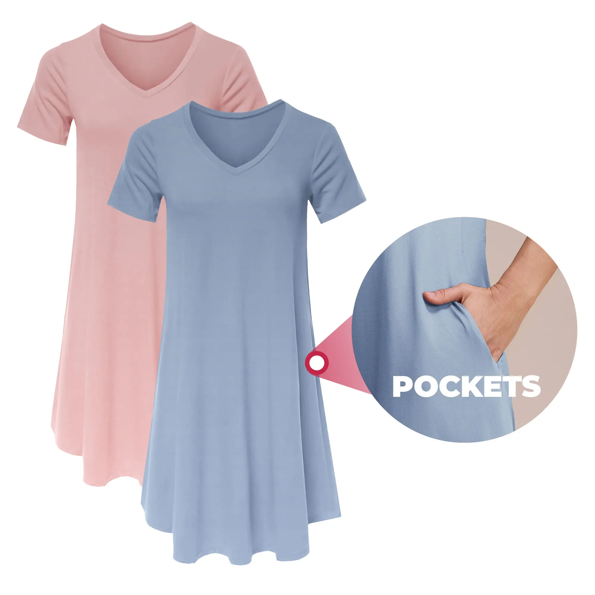 Women's Casual T-Shirt with Pockets, Loungewear Dress, Loose-Fitting with Flare Hem