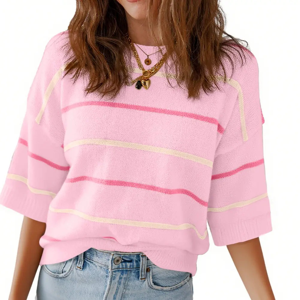 Shewin Women's Striped Knit Crew-Neck Short-Sleeve Top(Buy 2 Free Shipping)