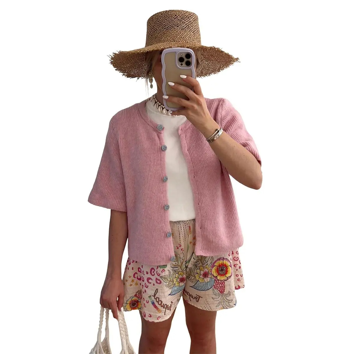 Women's Short-Sleeve Crew-Neck Cardigan