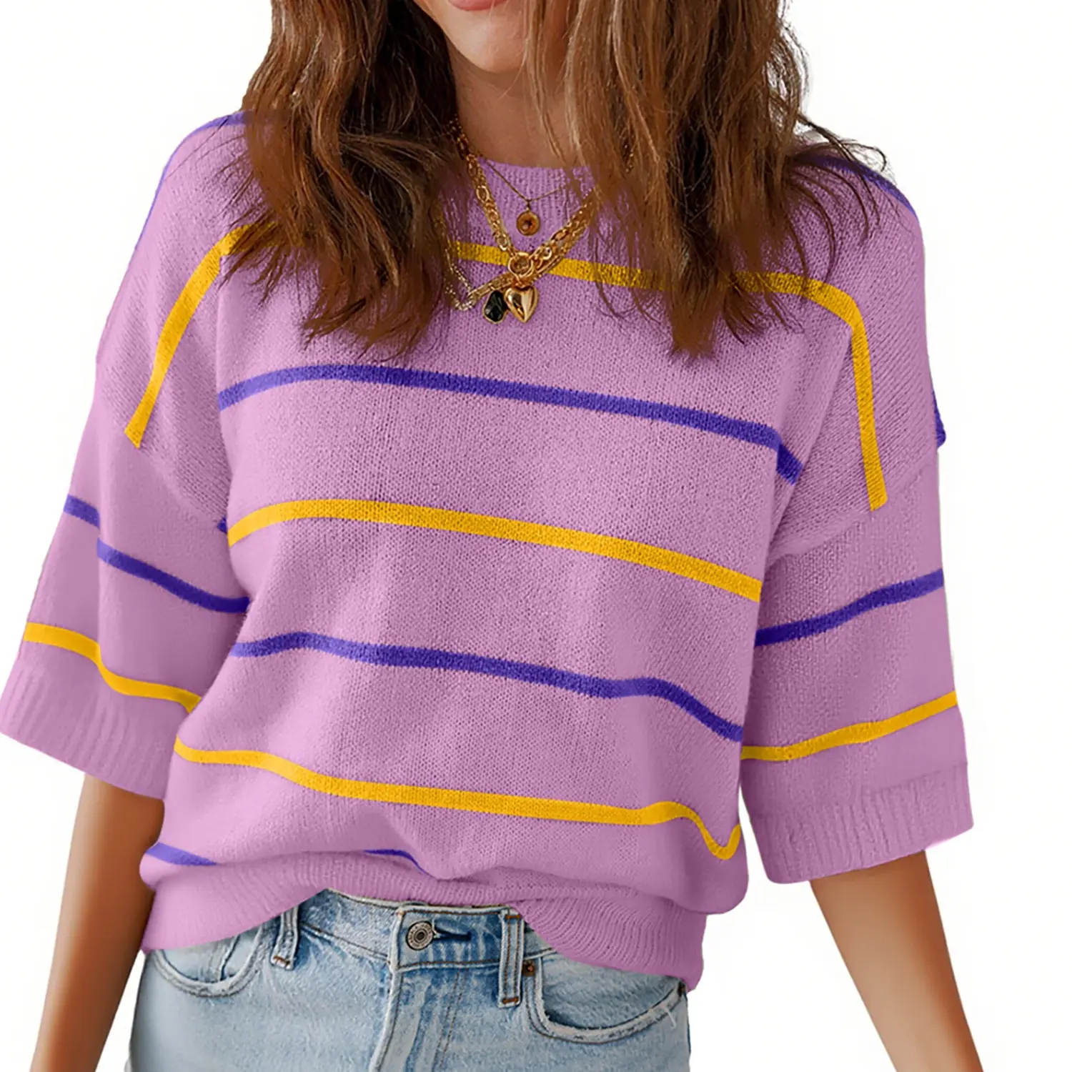 Shewin Women's Striped Knit Crew-Neck Short-Sleeve Top(Buy 2 Free Shipping)