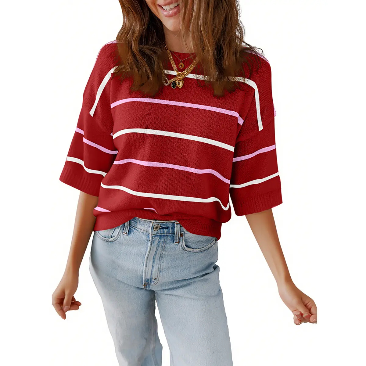 Shewin Women's Striped Knit Crew-Neck Short-Sleeve Top(Buy 2 Free Shipping)