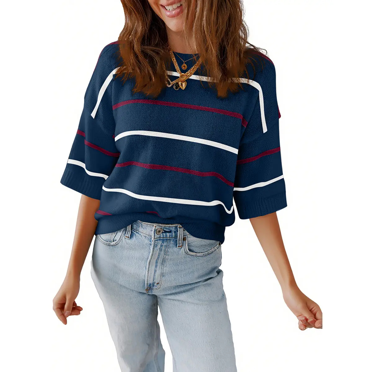 Shewin Women's Striped Knit Crew-Neck Short-Sleeve Top(Buy 2 Free Shipping)