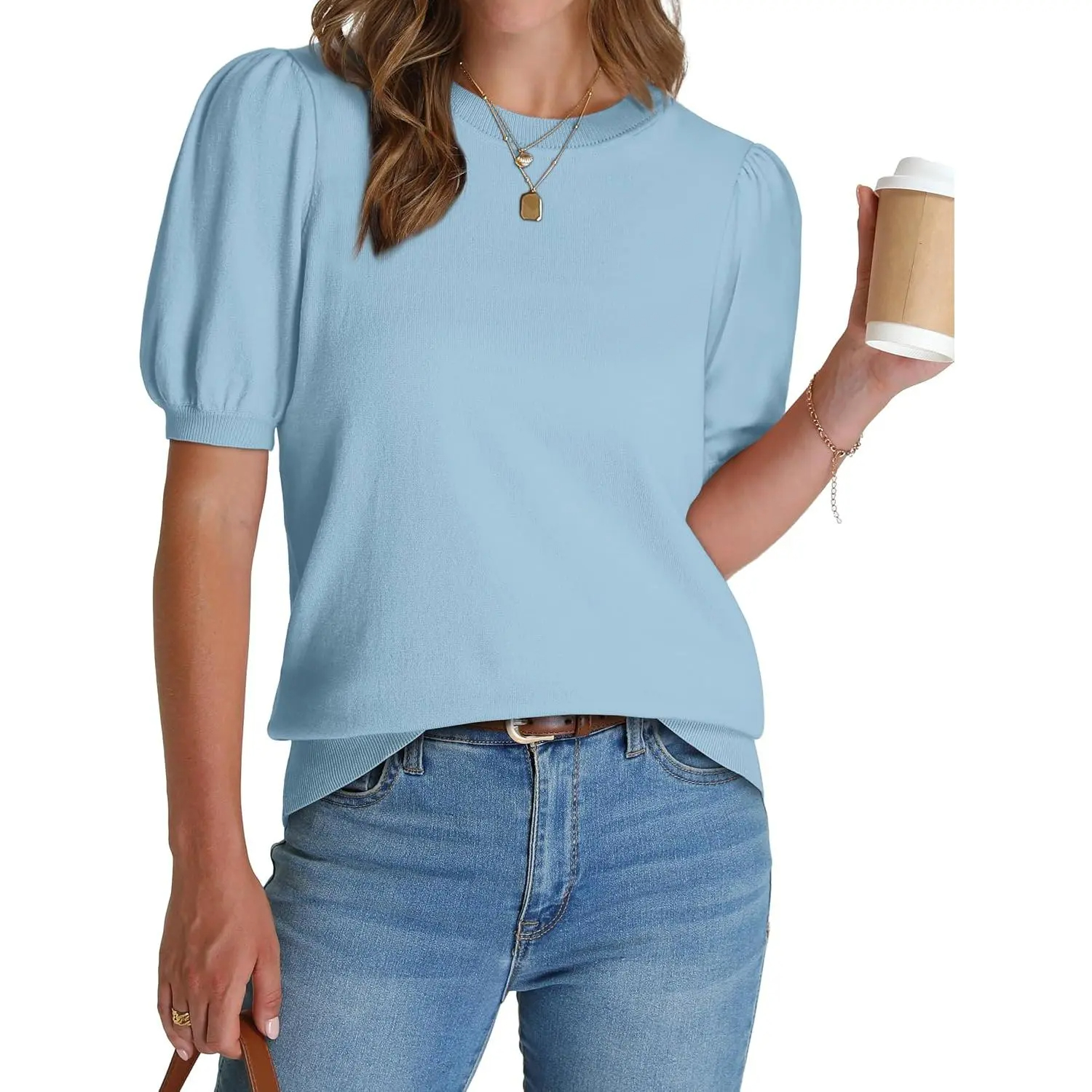 OFEEFAN women's puff short-sleeved 2026 spring/summer sweater – lightweight knit top – business casual blouse, soft and breathable for layering.