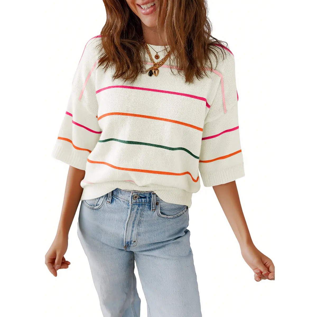 Shewin Women's Striped Knit Crew-Neck Short-Sleeve Top(Buy 2 Free Shipping)