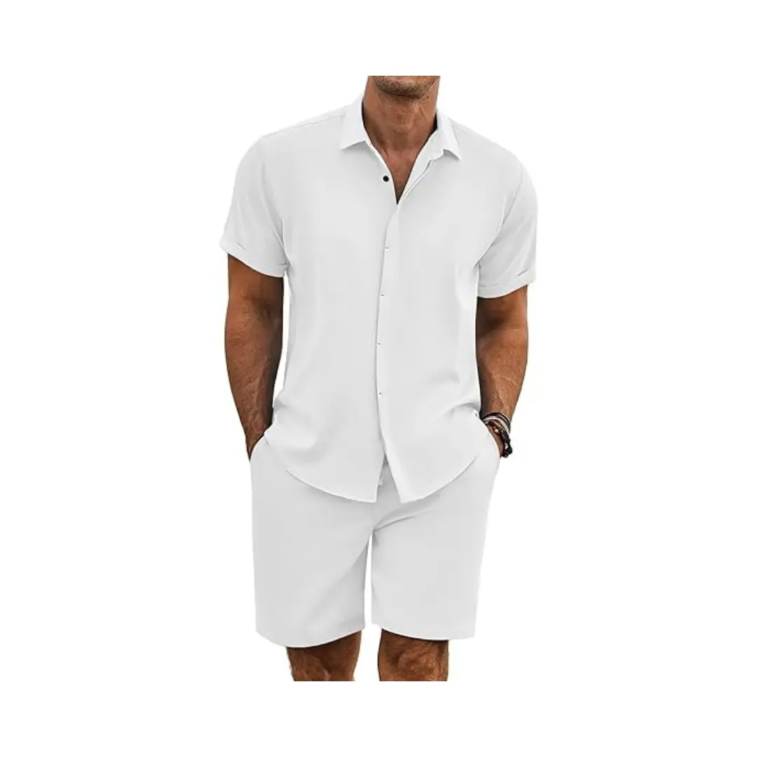 Men's Summer Beach Two-Piece Set: Made from high-quality linen-textured fabric, perfect for vacations and casual wear