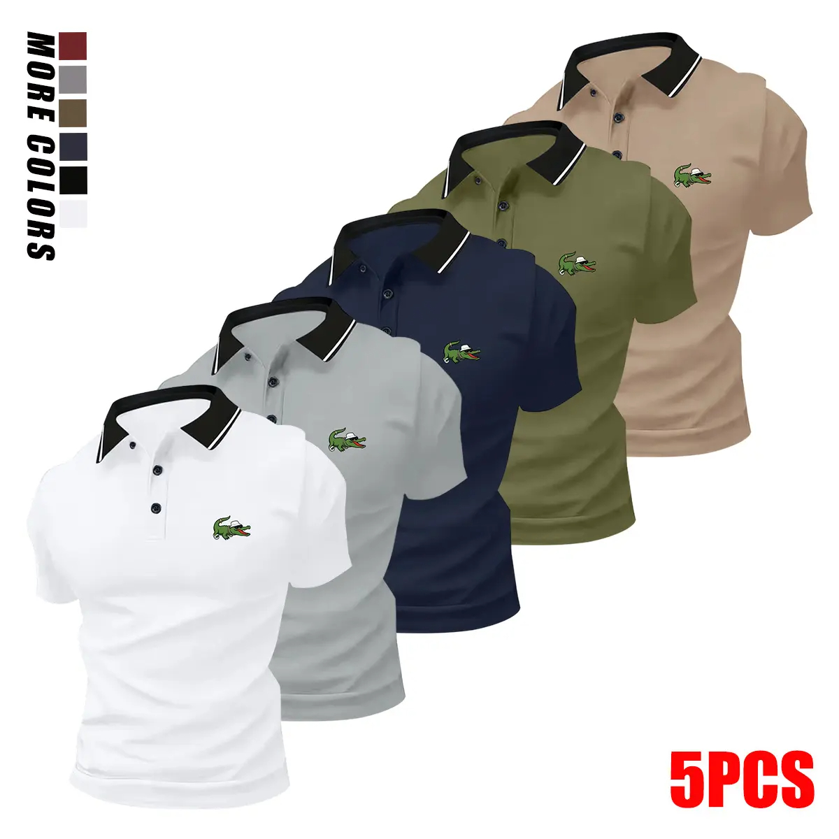 Pack of 5 summer men’s short-sleeve polo shirts with turn-down collar and crocodile print; casual sportswear tops for men