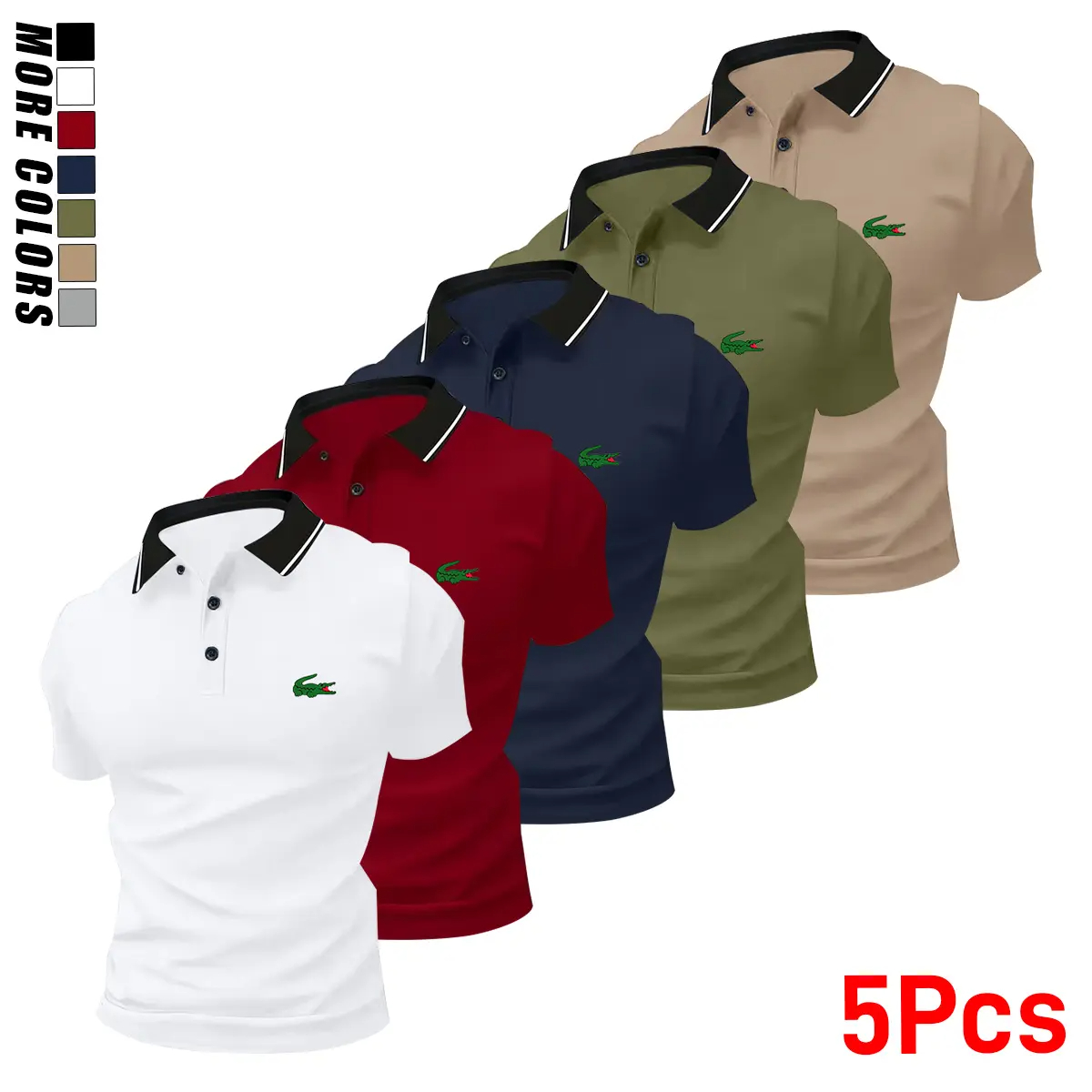 Pack of 5 summer men’s short-sleeve polo shirts with turn-down collar and crocodile print; casual sportswear tops for men