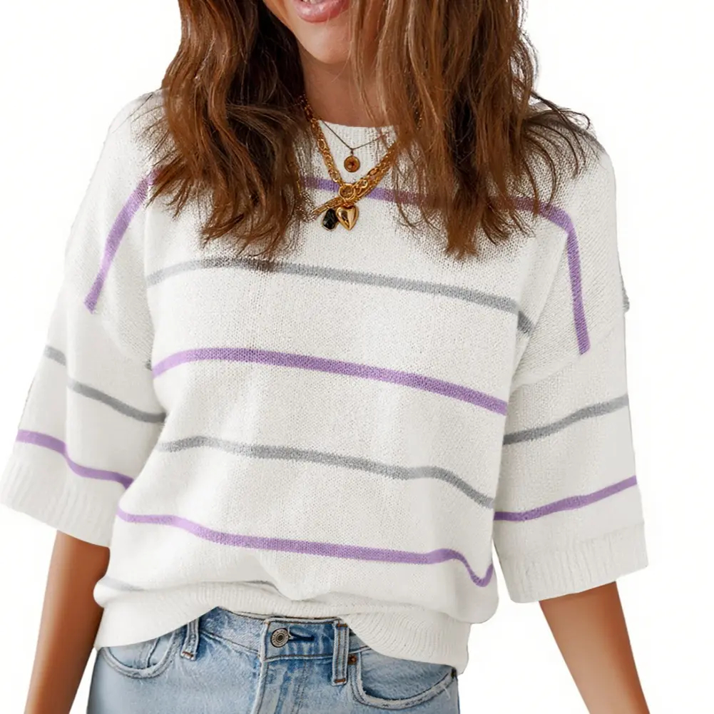 Shewin Women's Striped Knit Crew-Neck Short-Sleeve Top(Buy 2 Free Shipping)