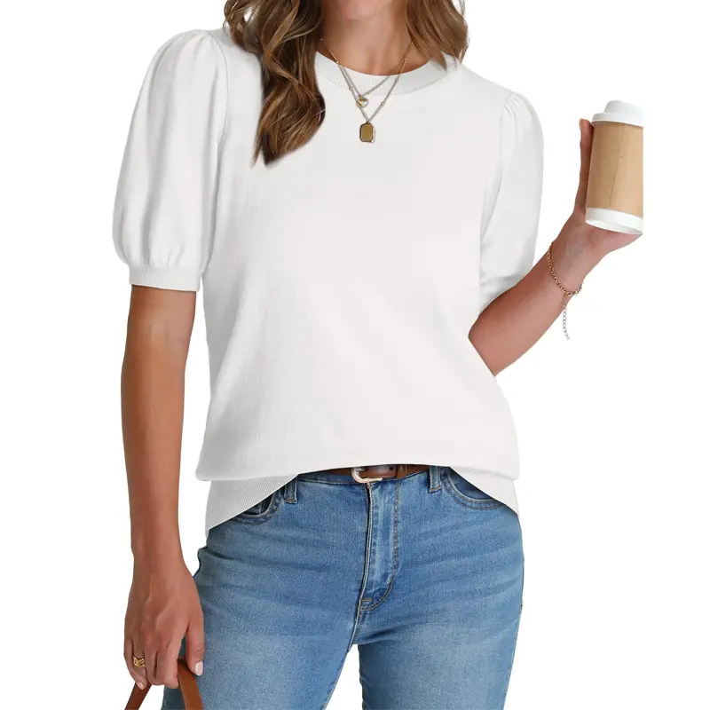 OFEEFAN women's puff short-sleeved 2026 spring/summer sweater – lightweight knit top – business casual blouse, soft and breathable for layering.