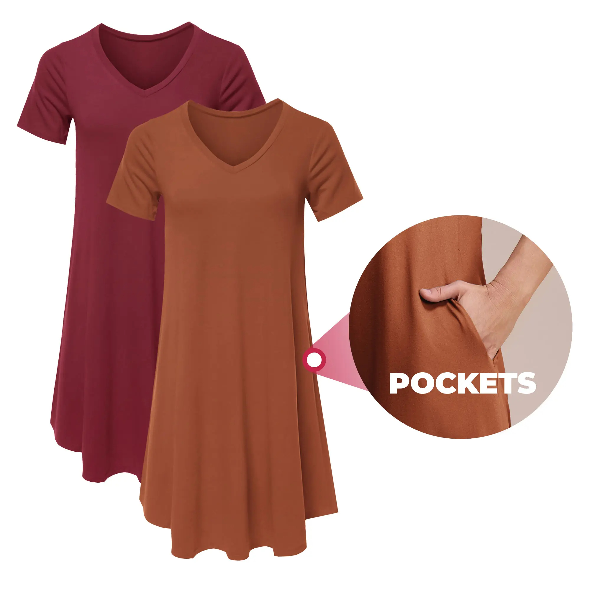 Women's Casual T-Shirt with Pockets, Loungewear Dress, Loose-Fitting with Flare Hem