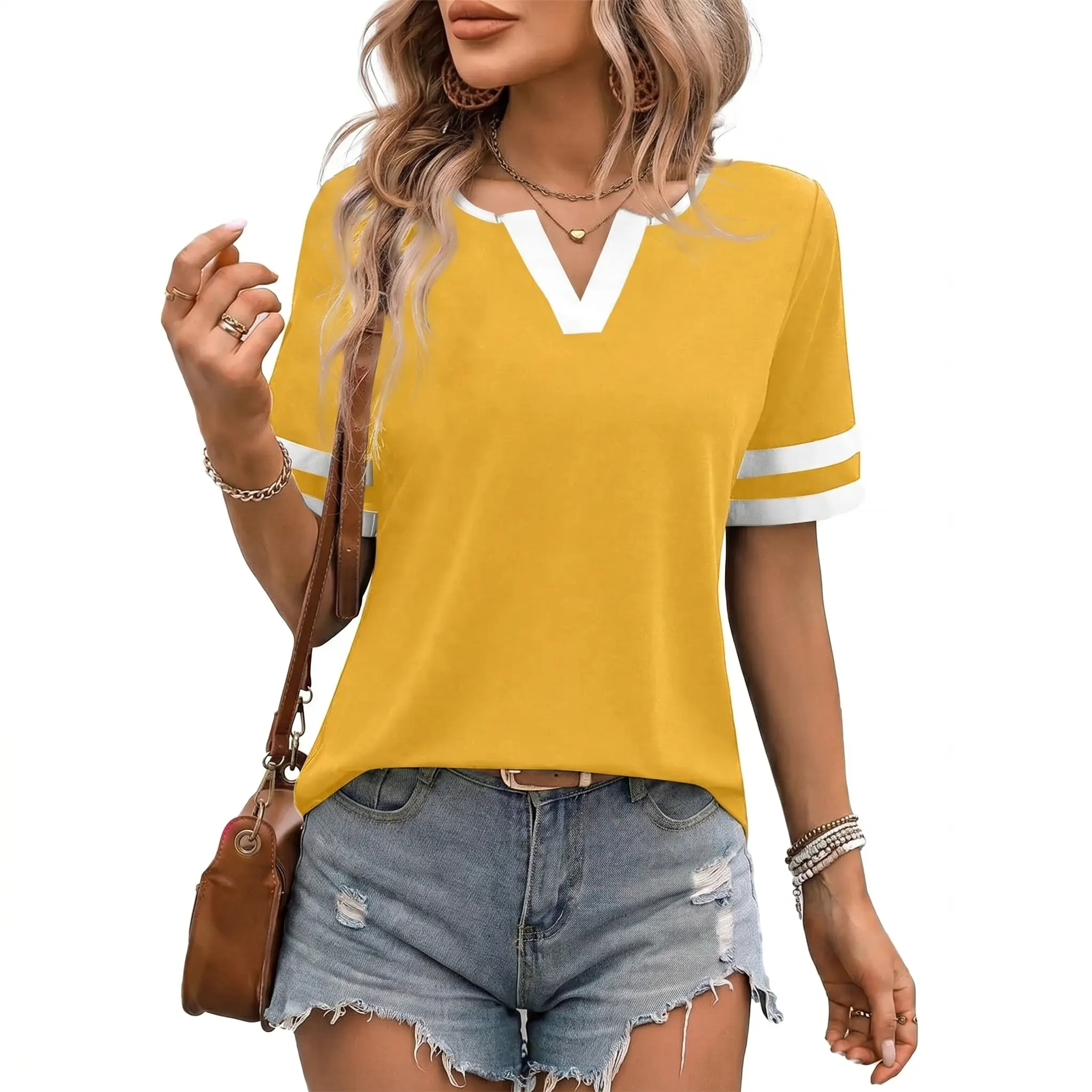 Moda Vibe Summer Women's Clothing: V-Neck T-Shirt with Contrast-Color Trim and Double-Striped Cuffs 