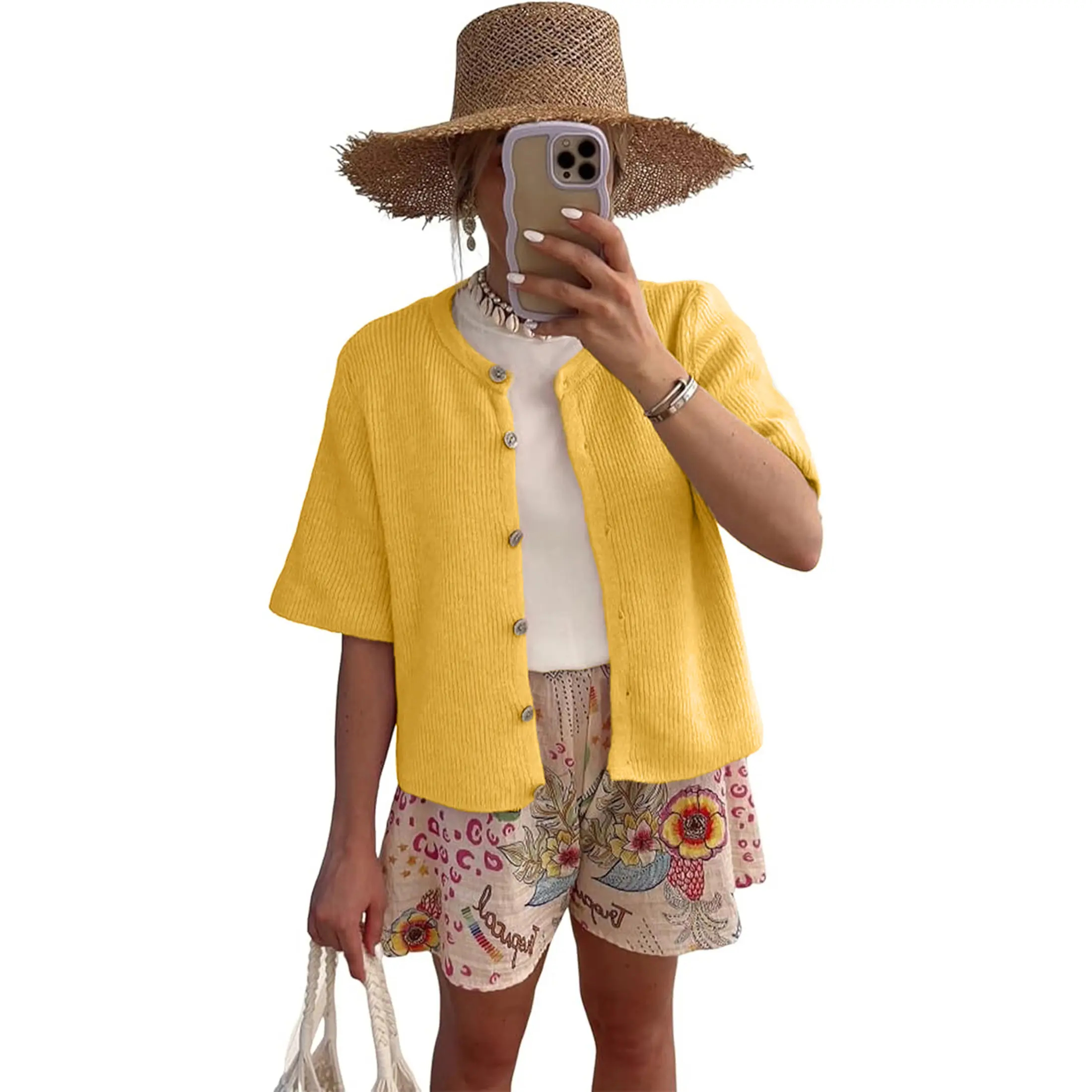 Women's Short-Sleeve Crew-Neck Cardigan