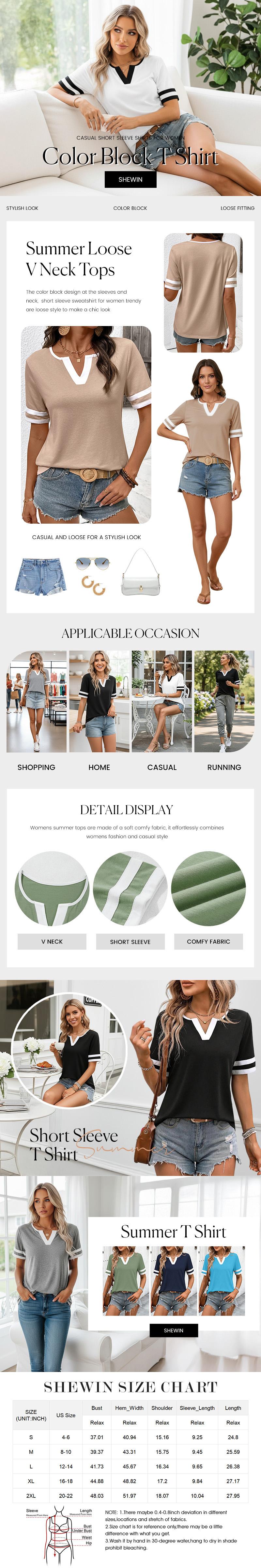 Shewin Summer Outfit Women's Notch V Neck Contrast Trim T-Shirt Double Striped Cuff Short Sleeve Loose Everyday Casual Streetwear Top, Shortsleeve, Women's Clothes,back to school,back to school shopping, Casual Cotton Top, Tops For Women Shewin Summer Outfit Women's Notch V Neck Contrast Trim T-Shirt Double Striped Cuff Short Sleeve Loose Everyday Casual Streetwear Top, Shortsleeve, Women's Clothes,back to school,back to school shopping, Casual Cotton Top, Tops For Women