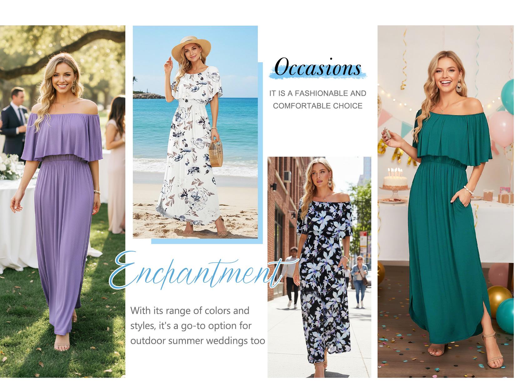 [Restocked] AUSELILY Women's Plus Size Off The Shoulder Dress Wedding Guest Dress Summer Casual Long Ruffle Party Side Split Beach Maxi Dresses with Pockets