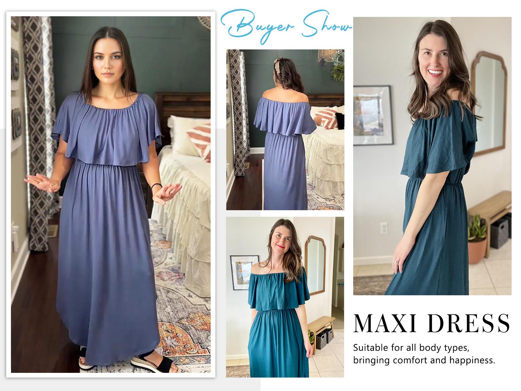 [Restocked] AUSELILY Women's Plus Size Off The Shoulder Dress Wedding Guest Dress Summer Casual Long Ruffle Party Side Split Beach Maxi Dresses with Pockets