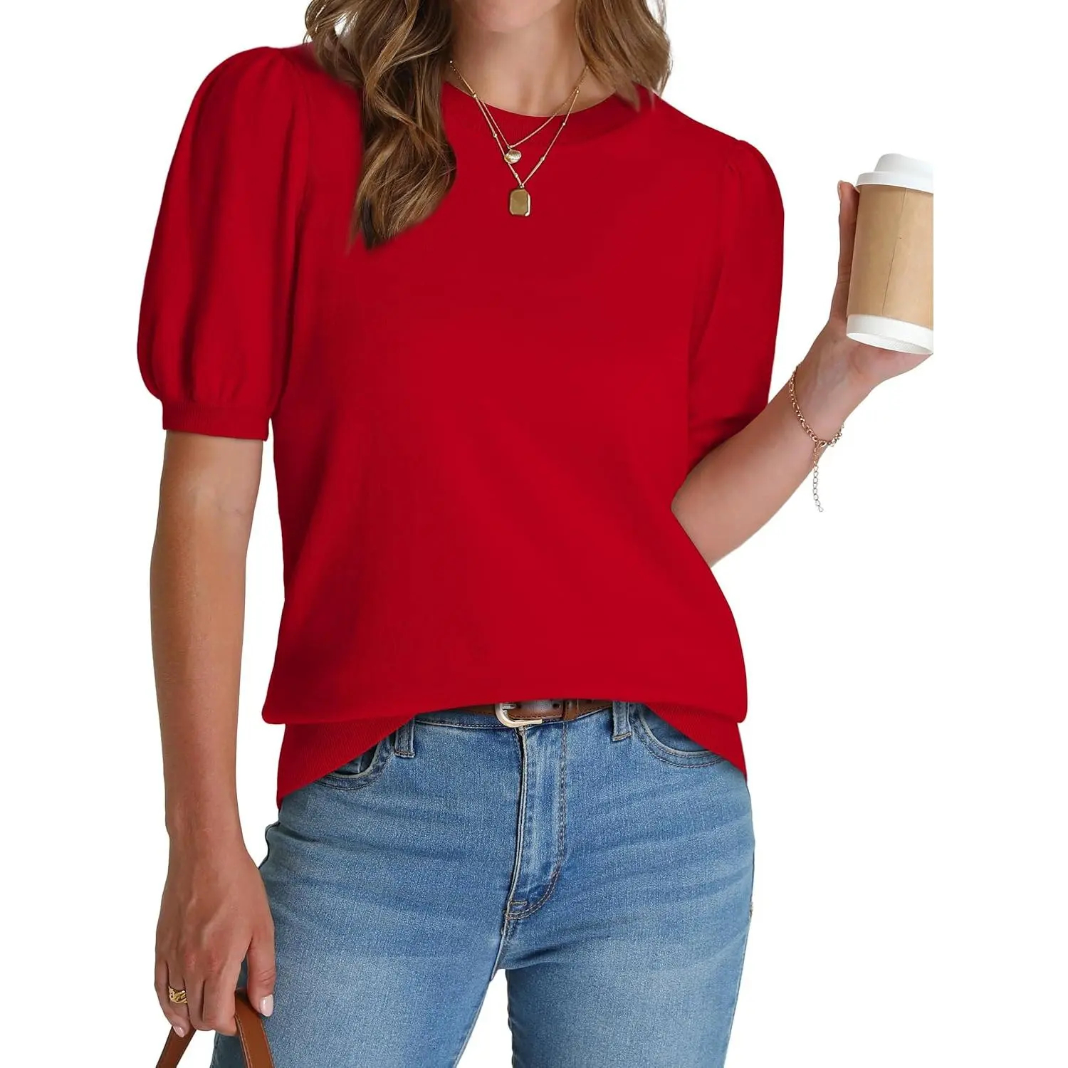 OFEEFAN women's puff short-sleeved 2026 spring/summer sweater – lightweight knit top – business casual blouse, soft and breathable for layering.