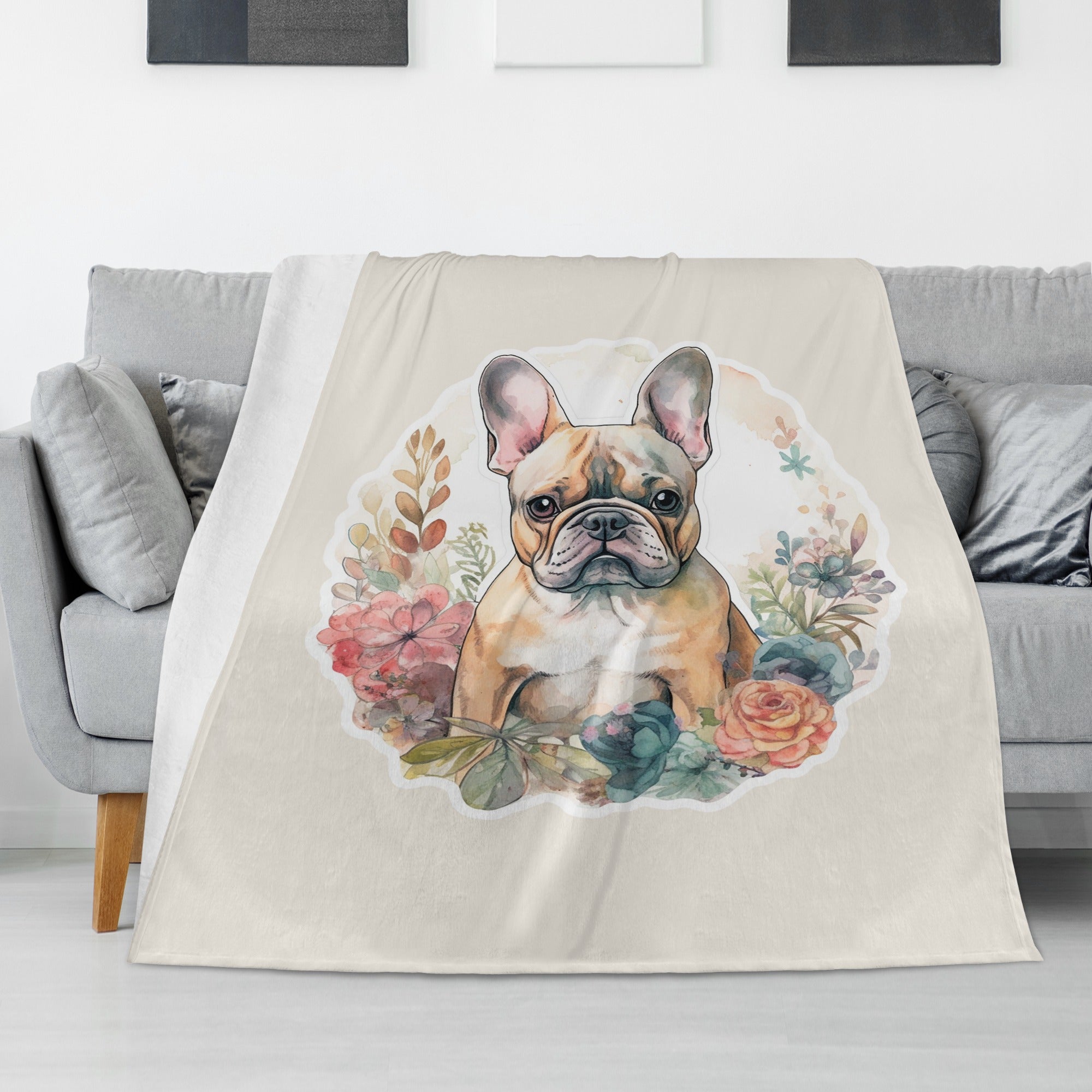 Flowers Frenchie Fleece Throw Blanket for Everyday Wear-fadou