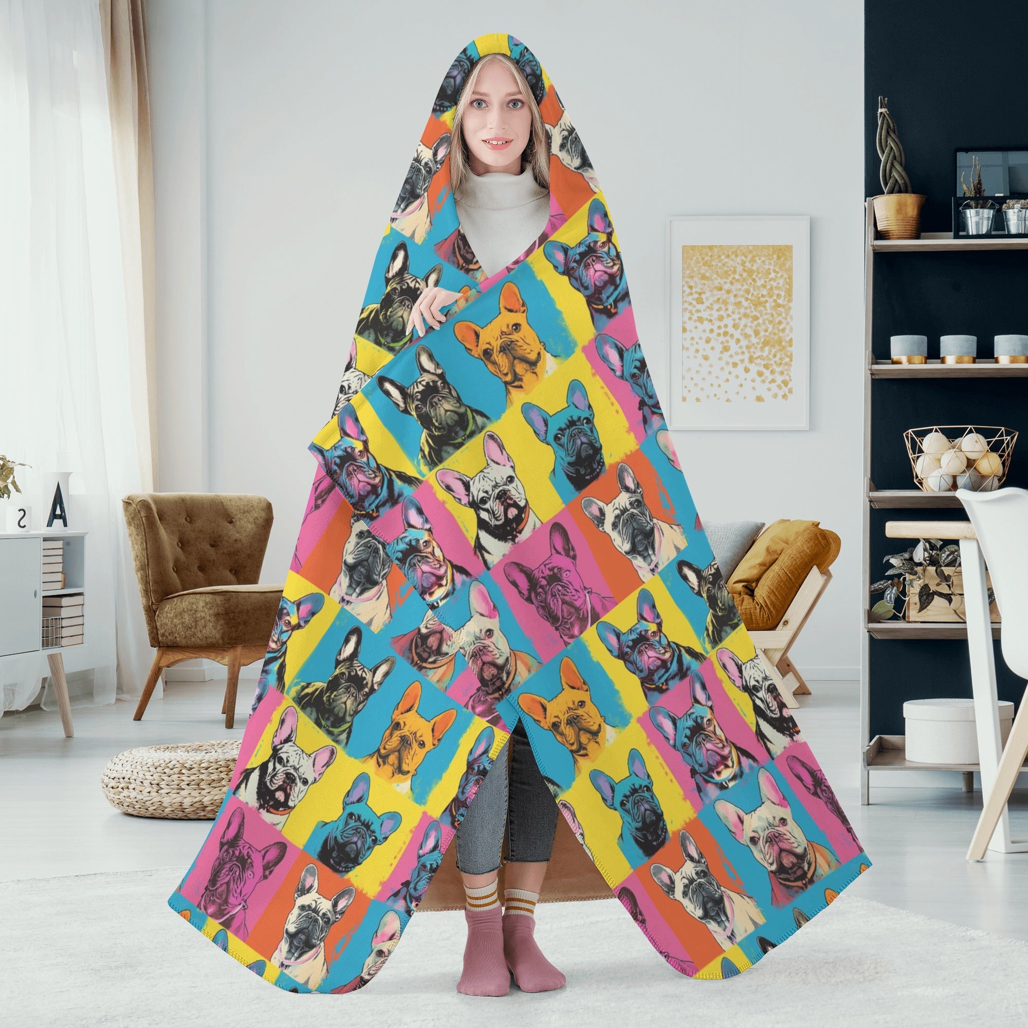 Frenchie Hooded Fleece Throw Blanket for Bulldog Owners-fadou