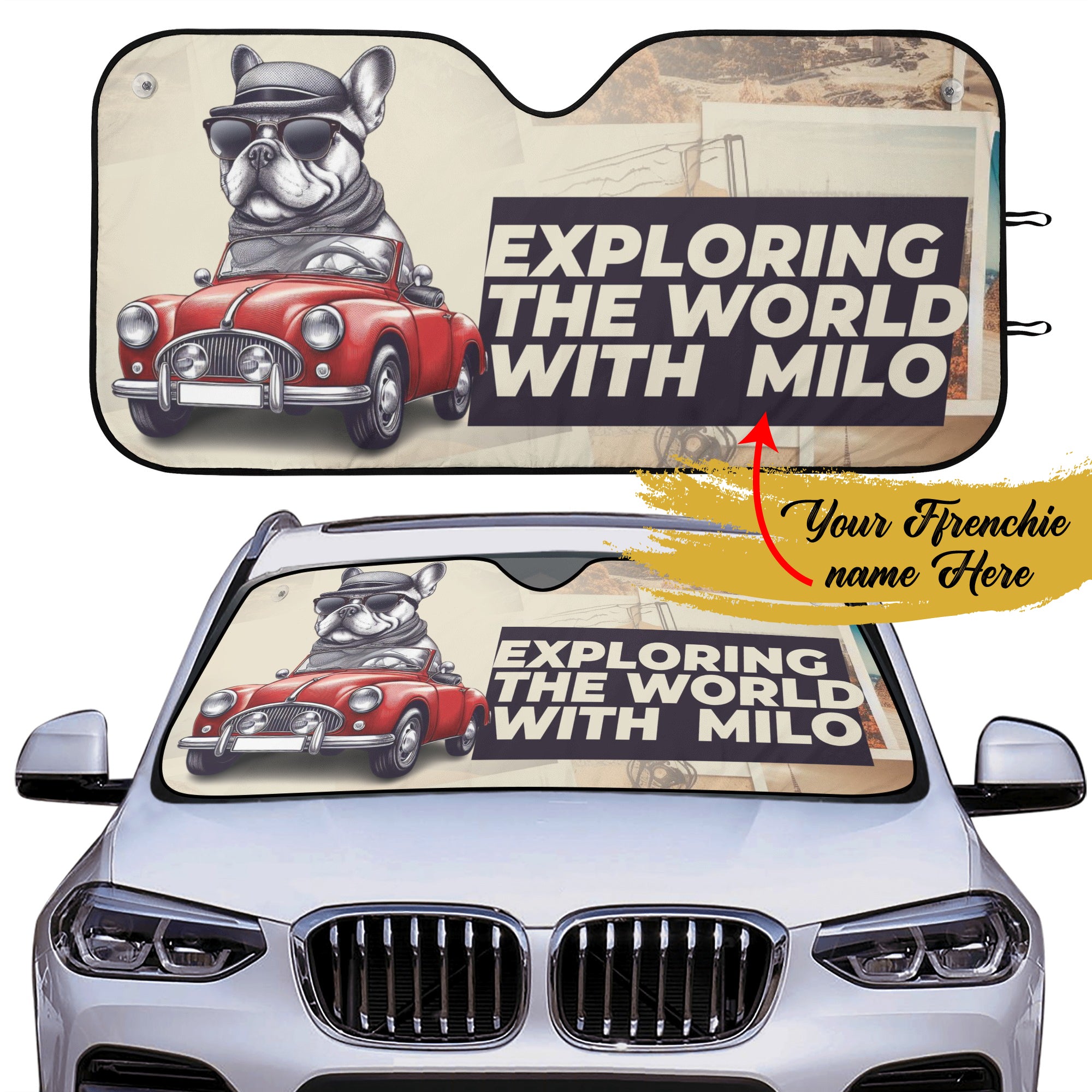 Custom Car Auto Sun Shade with Frenchie's Name - for Dog Lovers and-fadou