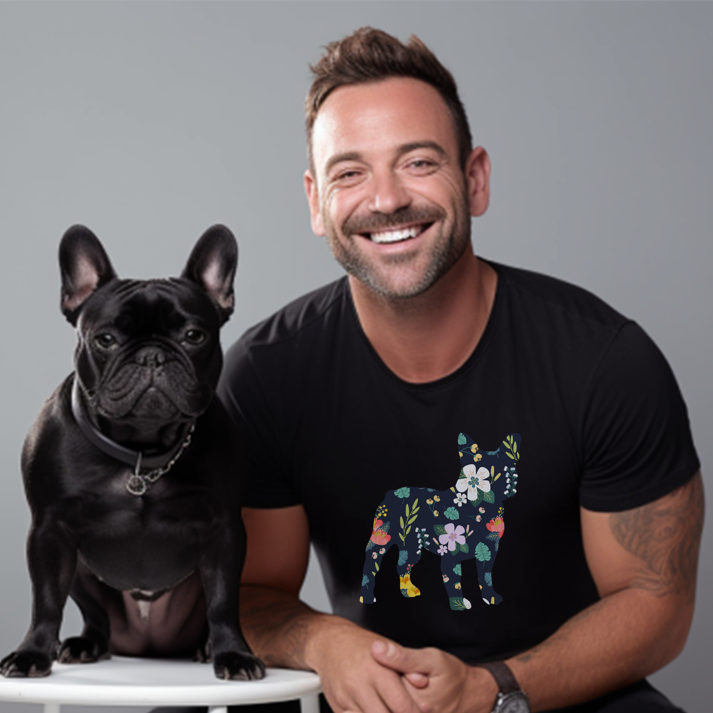 Floral French Bulldog Cotton T-Shirt for Bulldog Owners-fadou