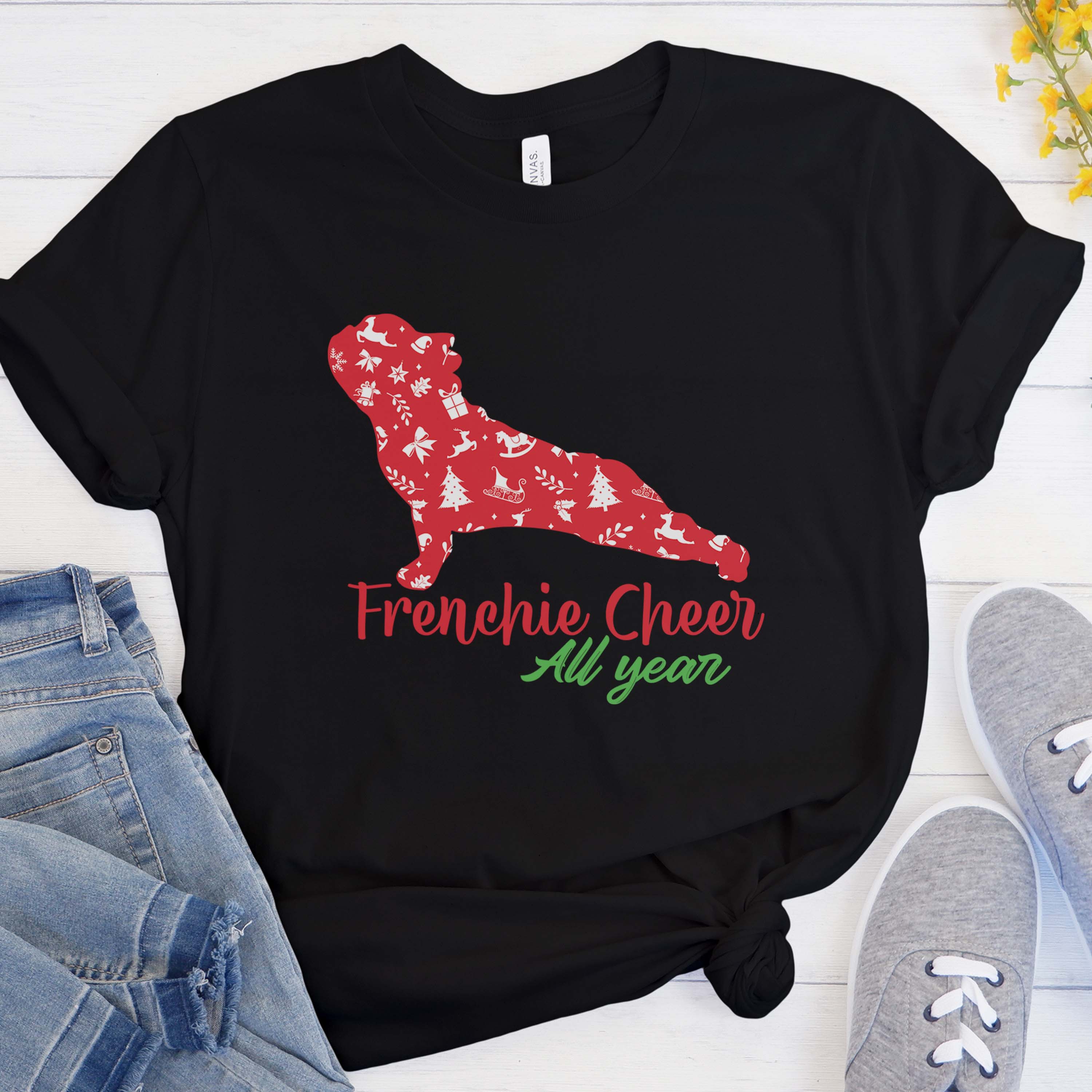 French Bulldog Christmas Cotton T-Shirt for Everyday Wear-fadou