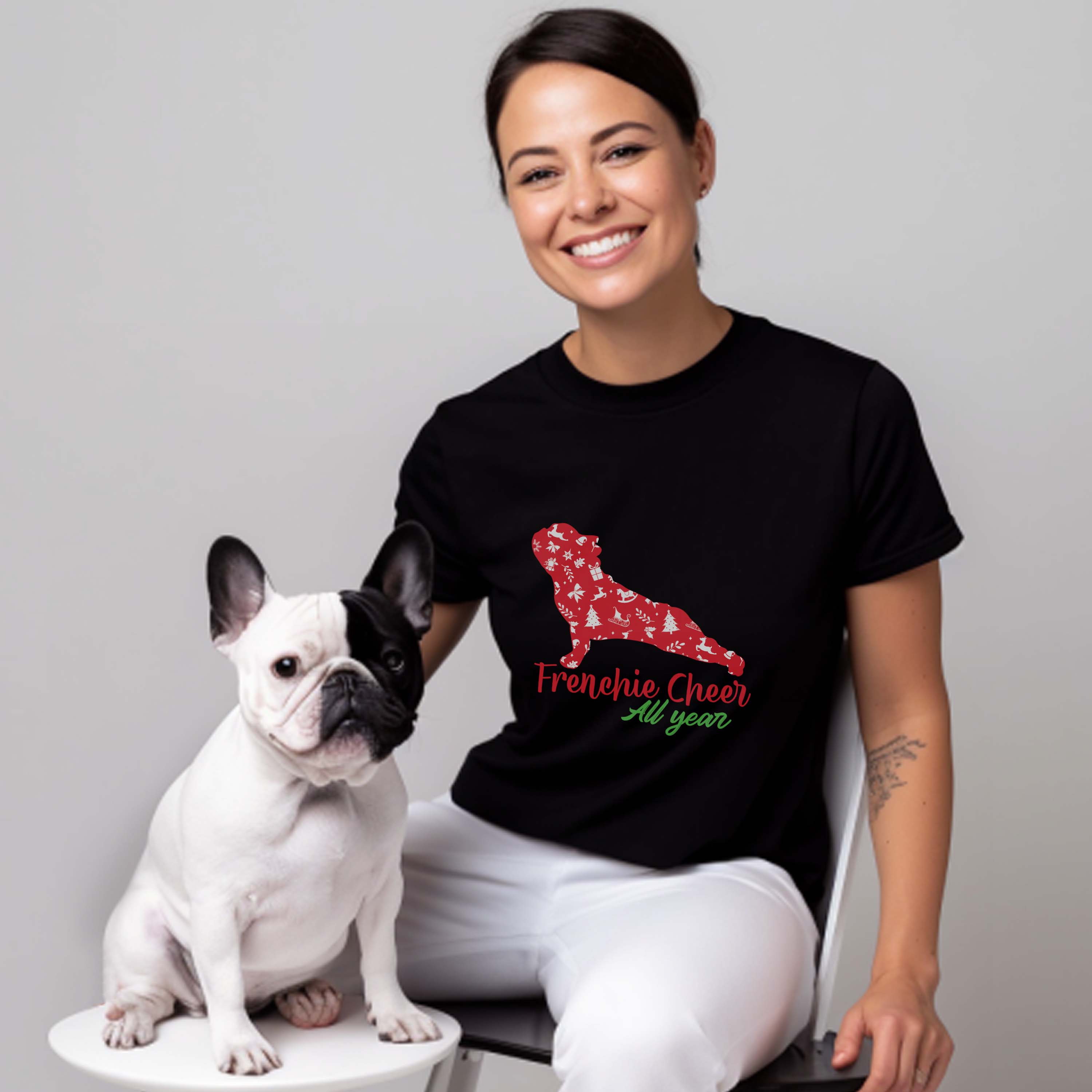French Bulldog Christmas Cotton T-Shirt for Everyday Wear-fadou