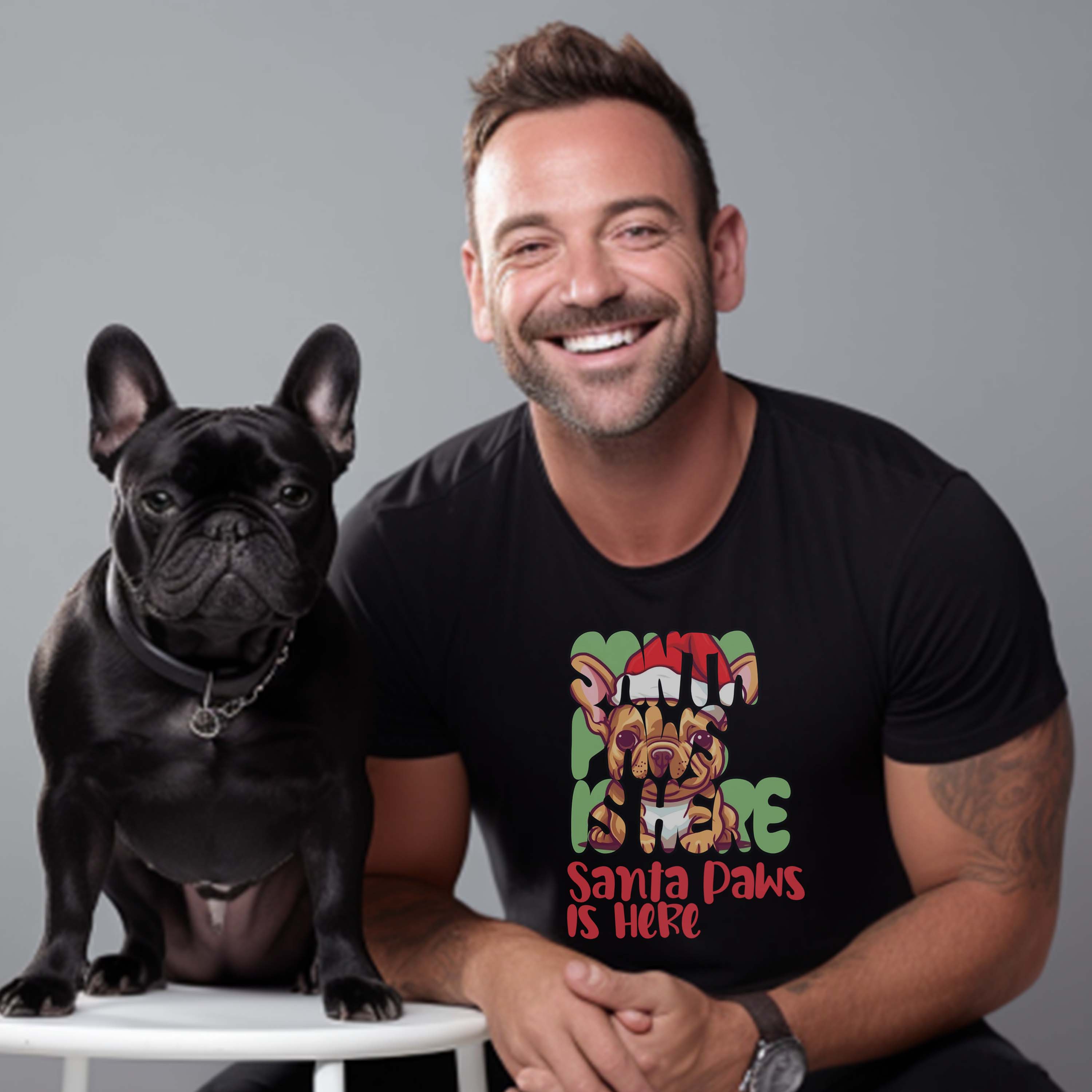 Santa French Bulldog Cotton T-Shirt for Frenchie Enthusiasts-fadou