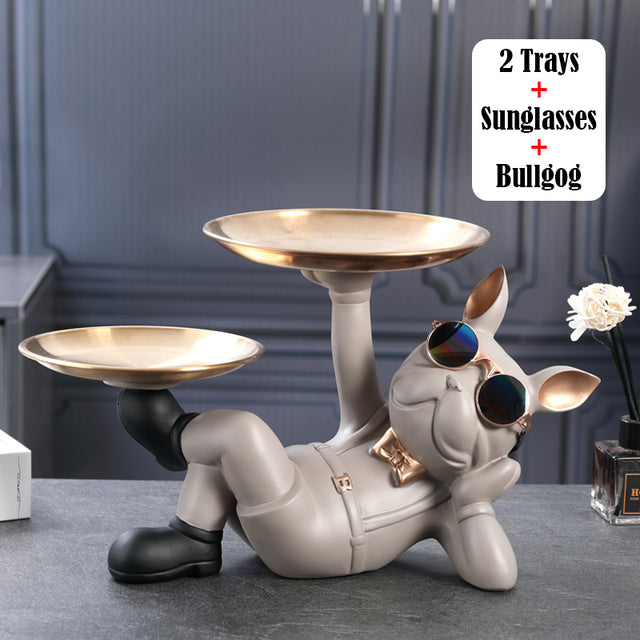 French Bulldog Sculpture with 2 Metal Tray Holder for Small Breeds-fadou