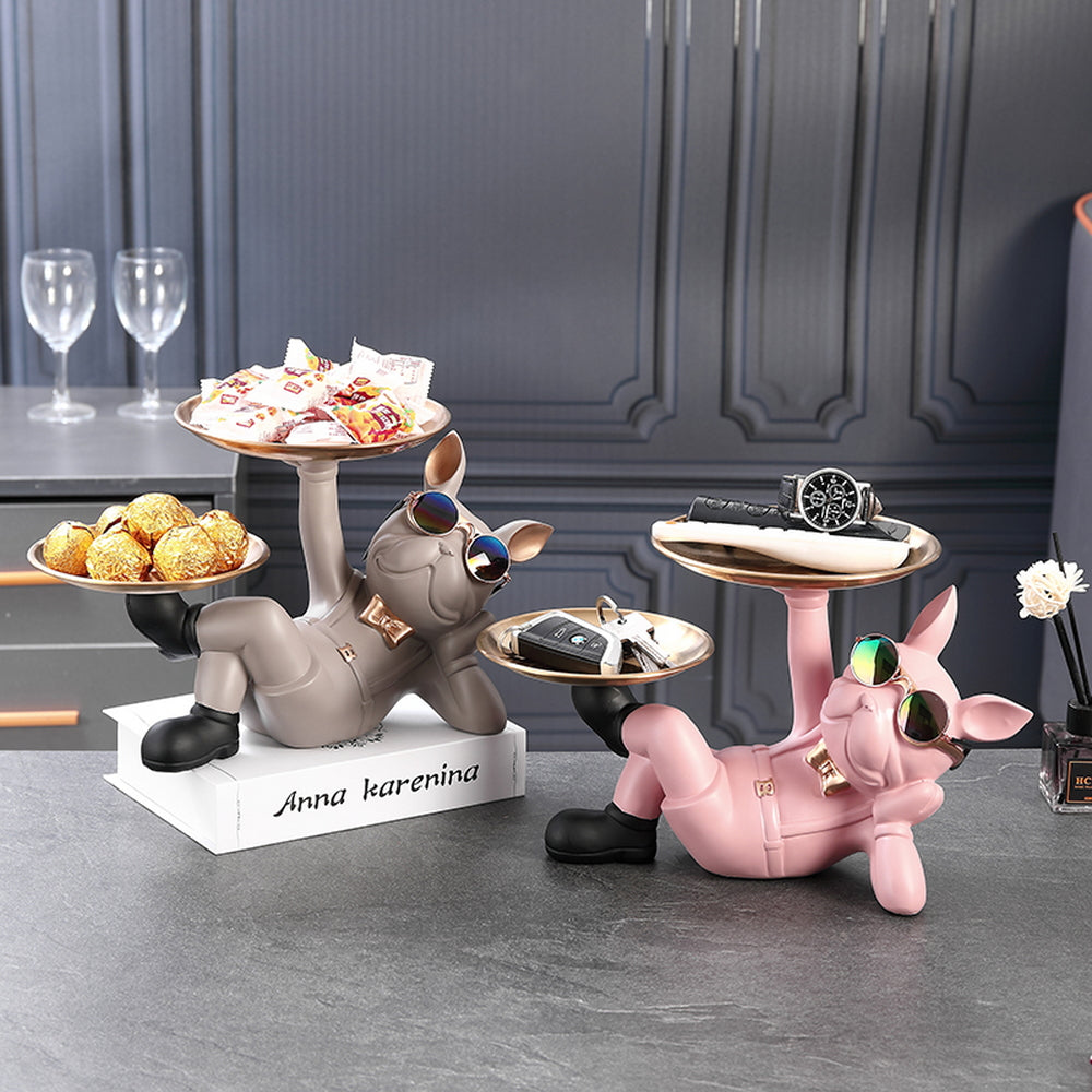 French Bulldog Sculpture with 2 Metal Tray Holder for Small Breeds-fadou