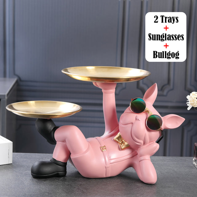 French Bulldog Sculpture with 2 Metal Tray Holder for Small Breeds-fadou