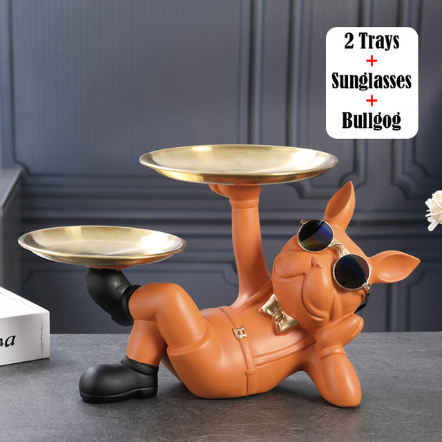French Bulldog Sculpture with 2 Metal Tray Holder for Small Breeds-fadou
