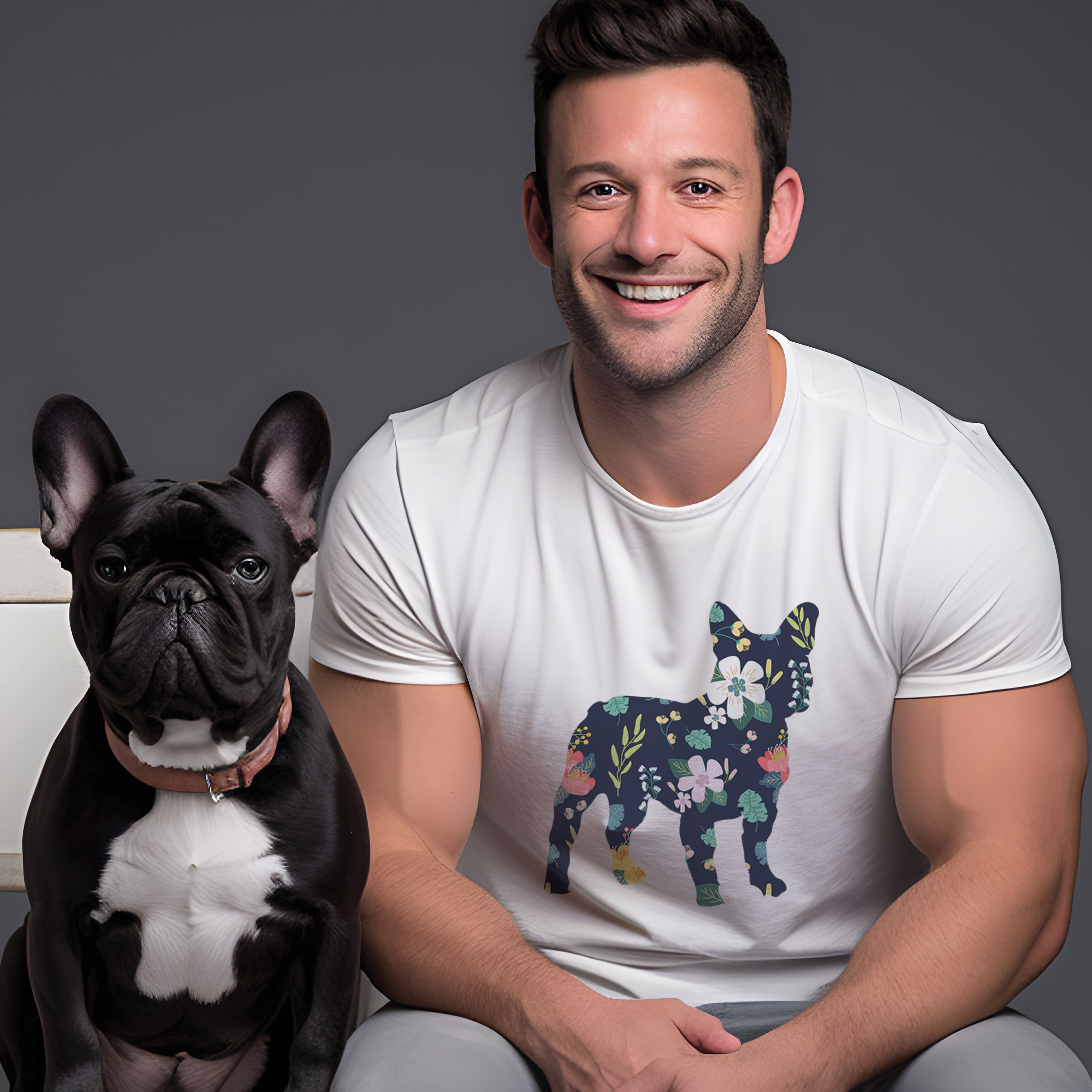 Floral French Bulldog Cotton T-Shirt for Bulldog Owners-fadou