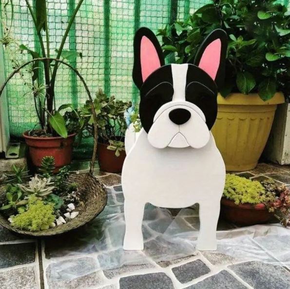 Frenchie Shaped Wooden Plant Pot Whimsical Garden Decor for Dog Lovers-fadou