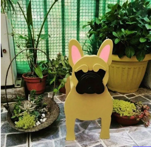 Frenchie Shaped Wooden Plant Pot Whimsical Garden Decor for Dog Lovers-fadou