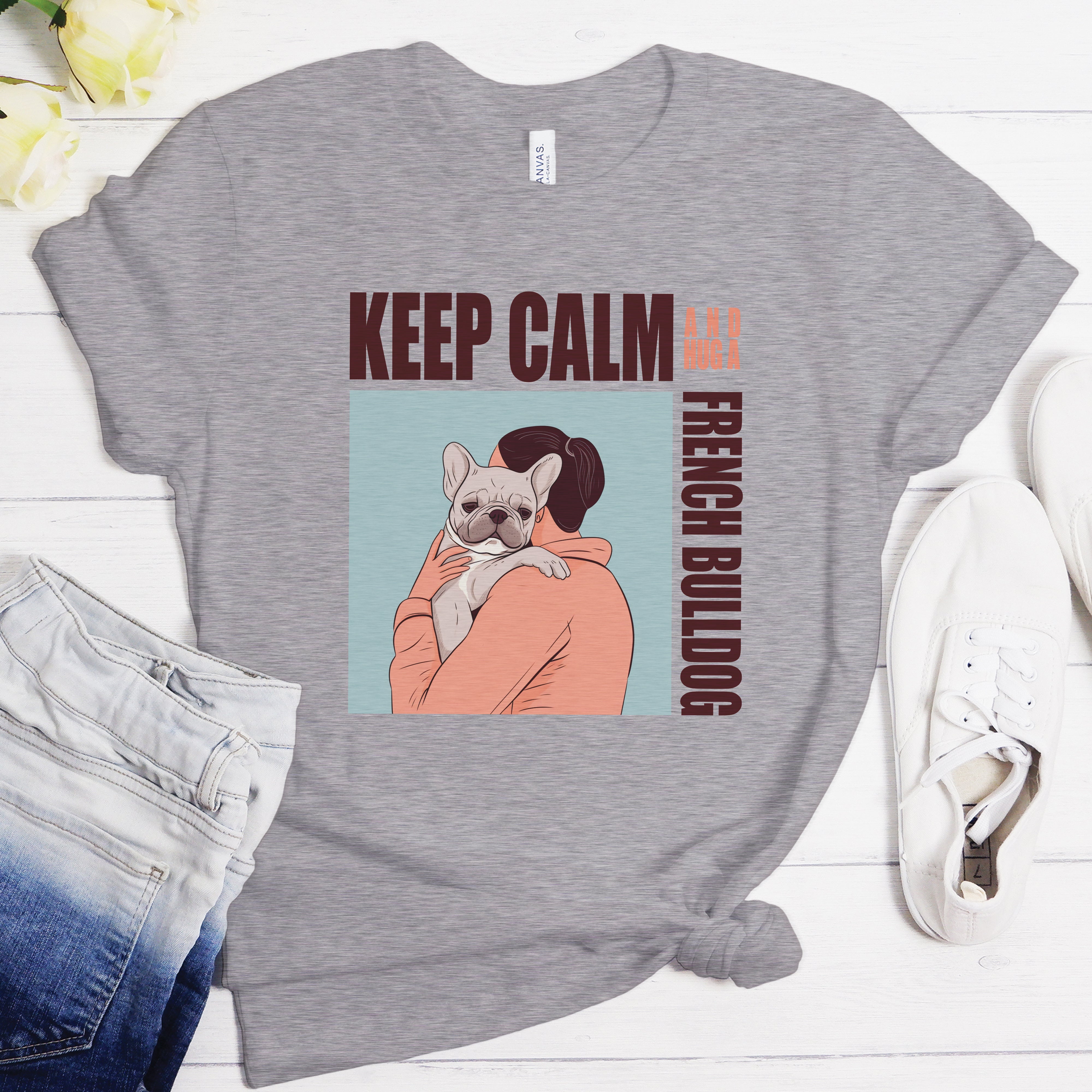 Hugging French Bulldog Dog Lover Tee for Dog Moms & Dads-fadou