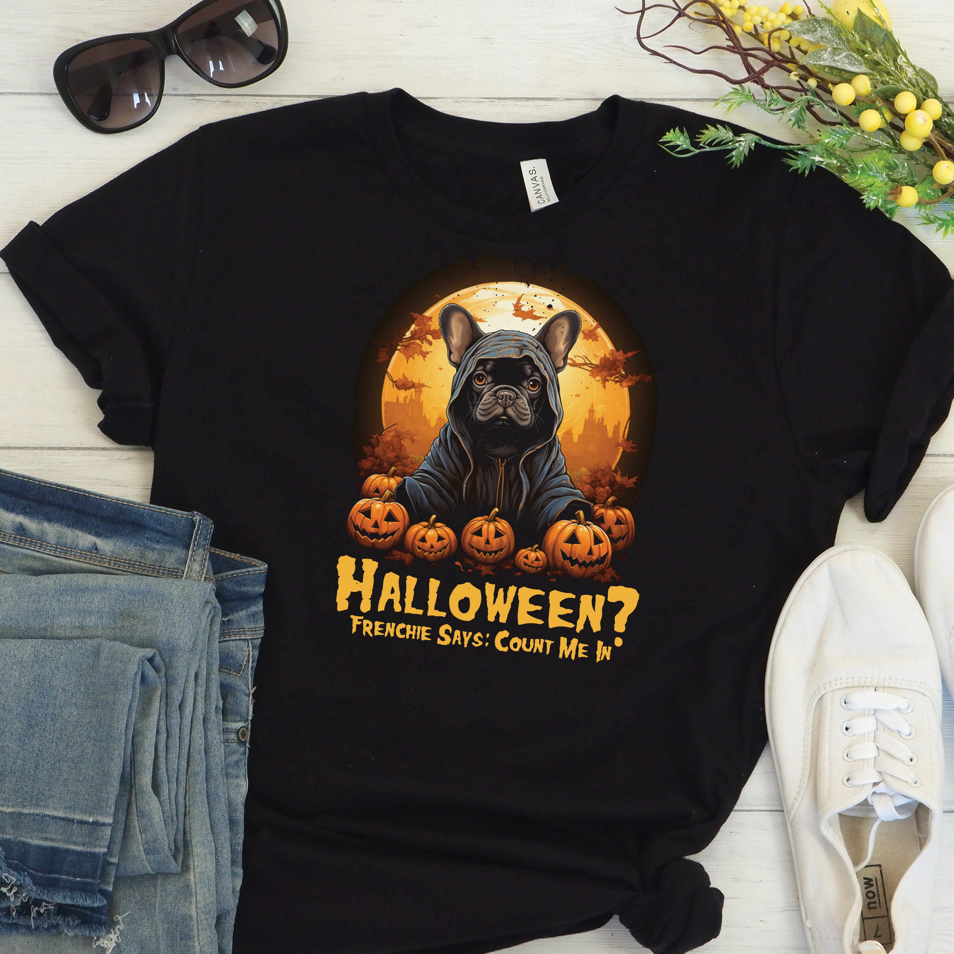 French Bulldog Halloween Cotton T-Shirt for Frenchie Enthusiasts-fadou