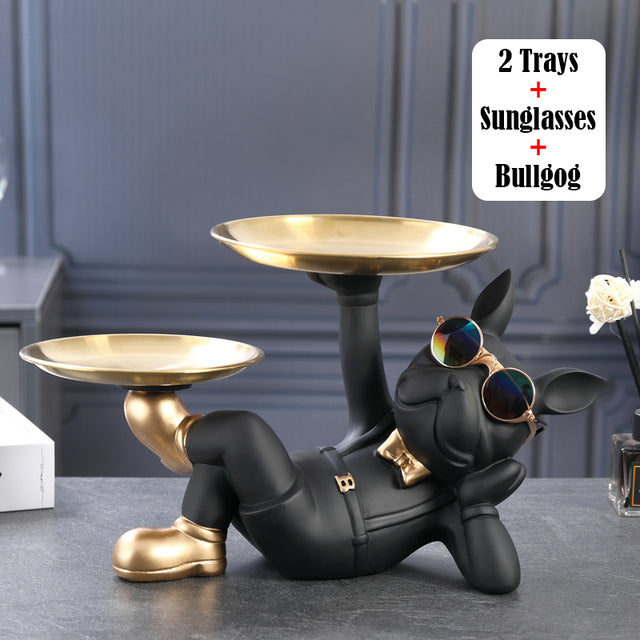 French Bulldog Sculpture with 2 Metal Tray Holder for Small Breeds-fadou