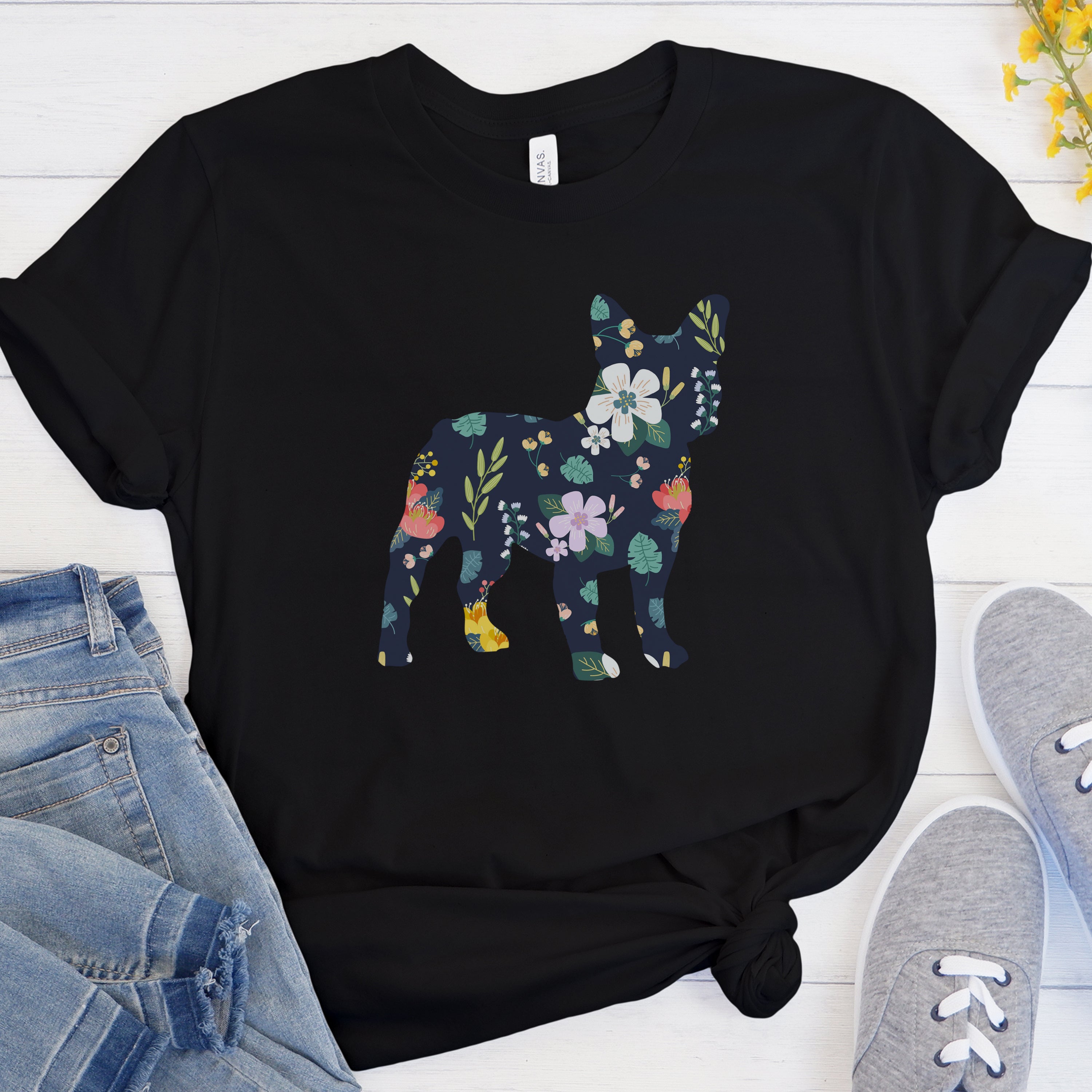 Floral French Bulldog Cotton T-Shirt for Bulldog Owners-fadou