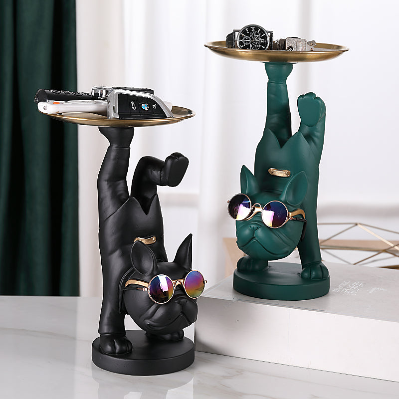 French Bulldog Sculpture Holding Metal Tray for Outdoor Adventures-fadou