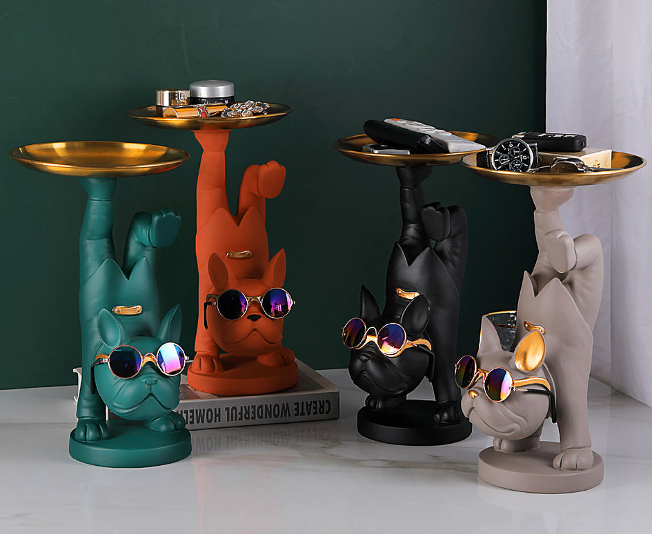 French Bulldog Sculpture Holding Metal Tray for Outdoor Adventures-fadou