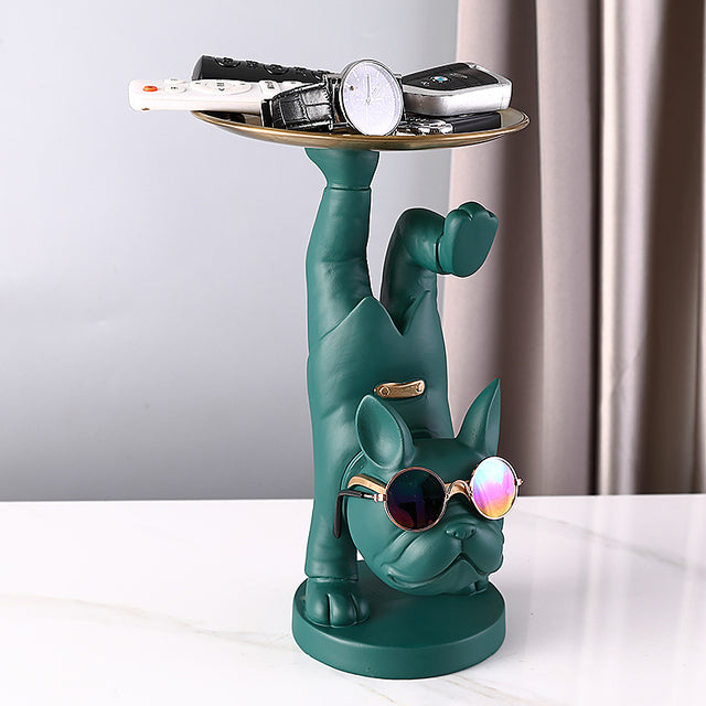French Bulldog Sculpture Holding Metal Tray for Outdoor Adventures-fadou