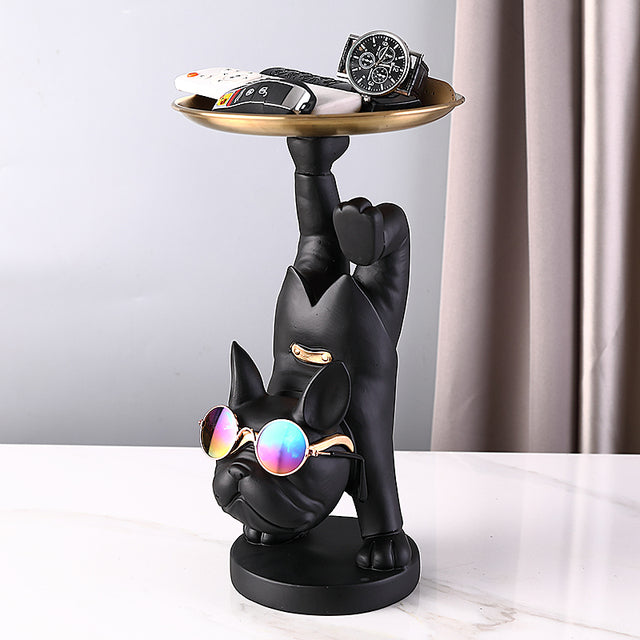 French Bulldog Sculpture Holding Metal Tray for Outdoor Adventures-fadou