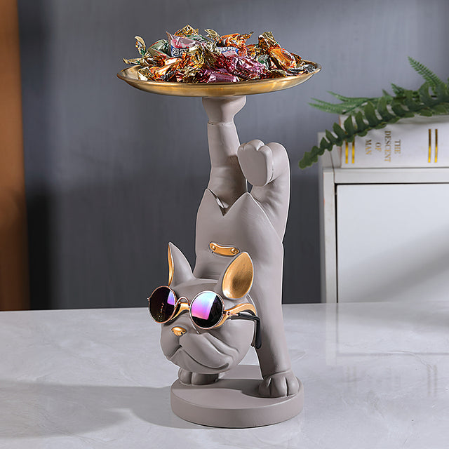 French Bulldog Sculpture Holding Metal Tray for Outdoor Adventures-fadou