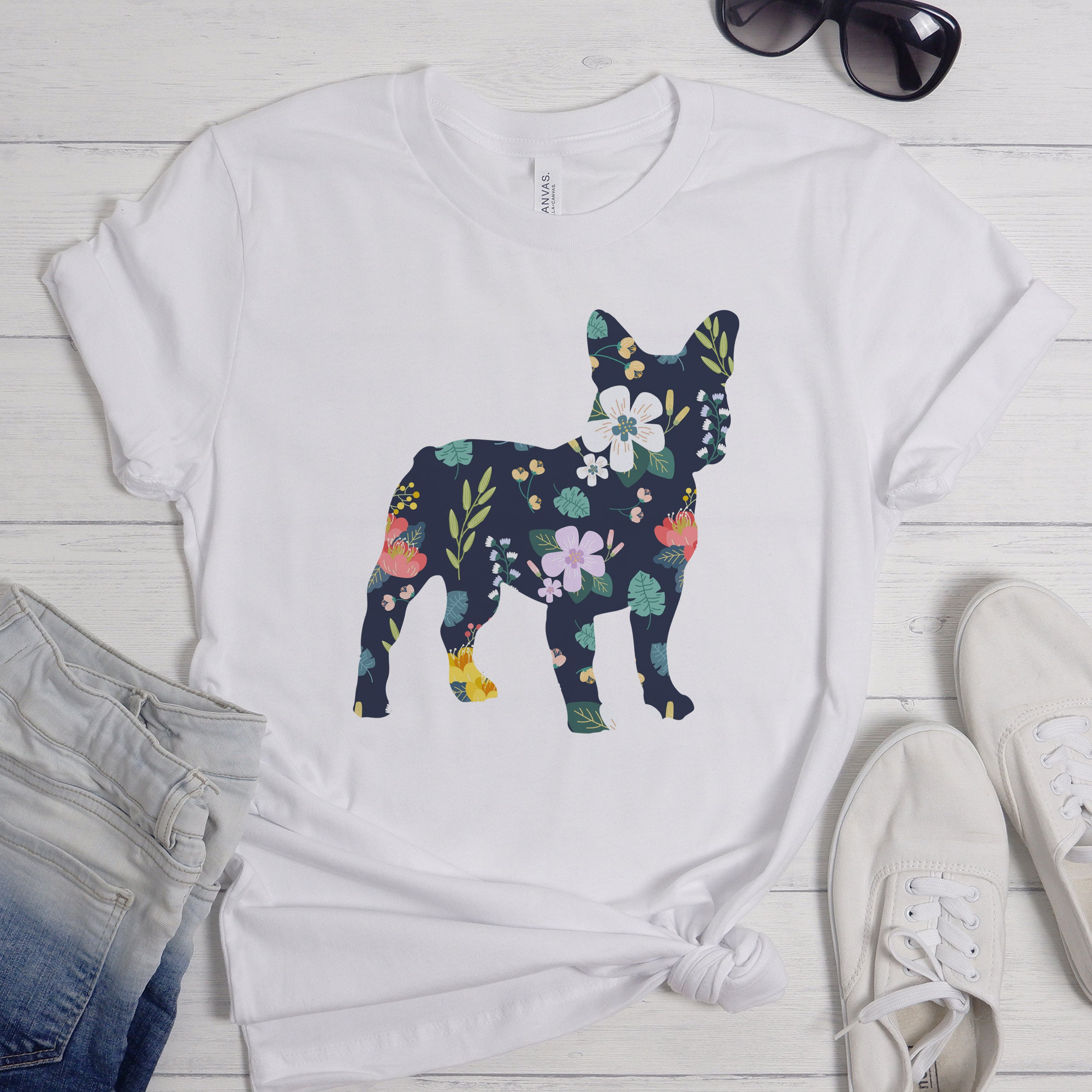Floral French Bulldog Cotton T-Shirt for Bulldog Owners-fadou