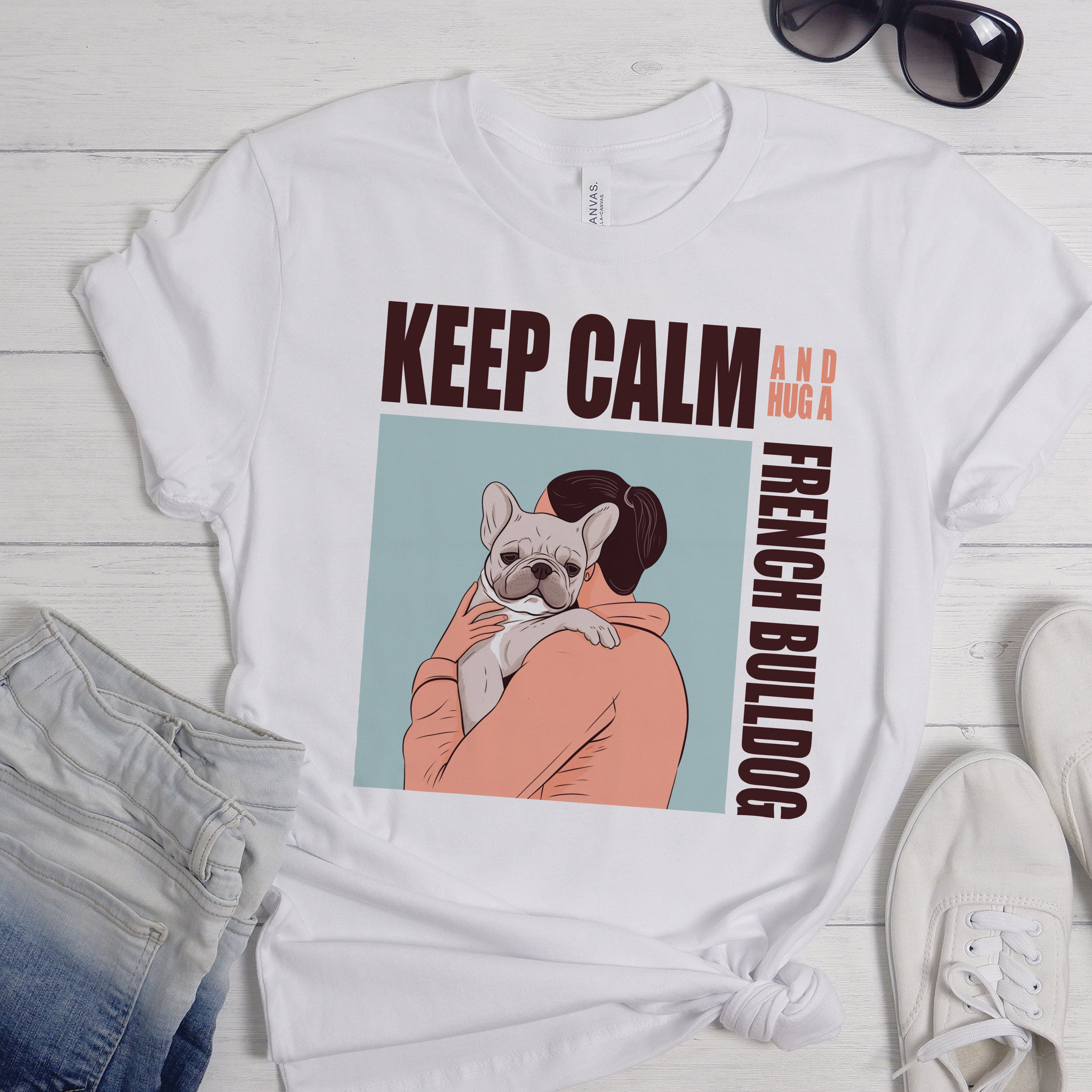 Hugging French Bulldog Dog Lover Tee for Dog Moms & Dads-fadou