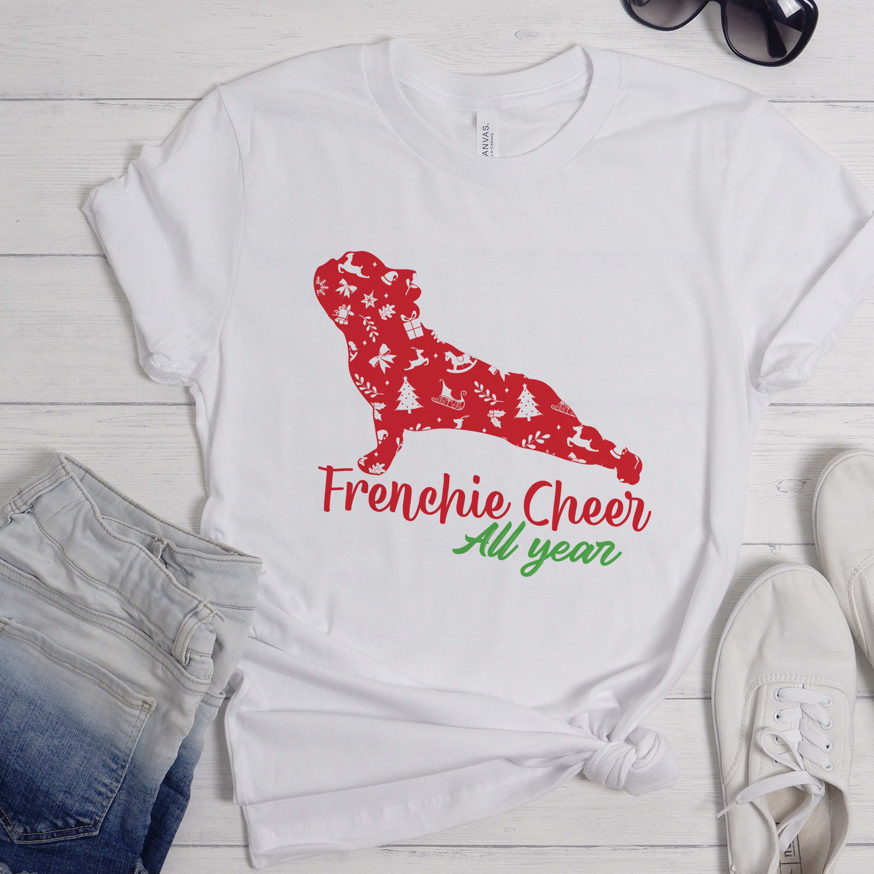 French Bulldog Christmas Cotton T-Shirt for Everyday Wear-fadou