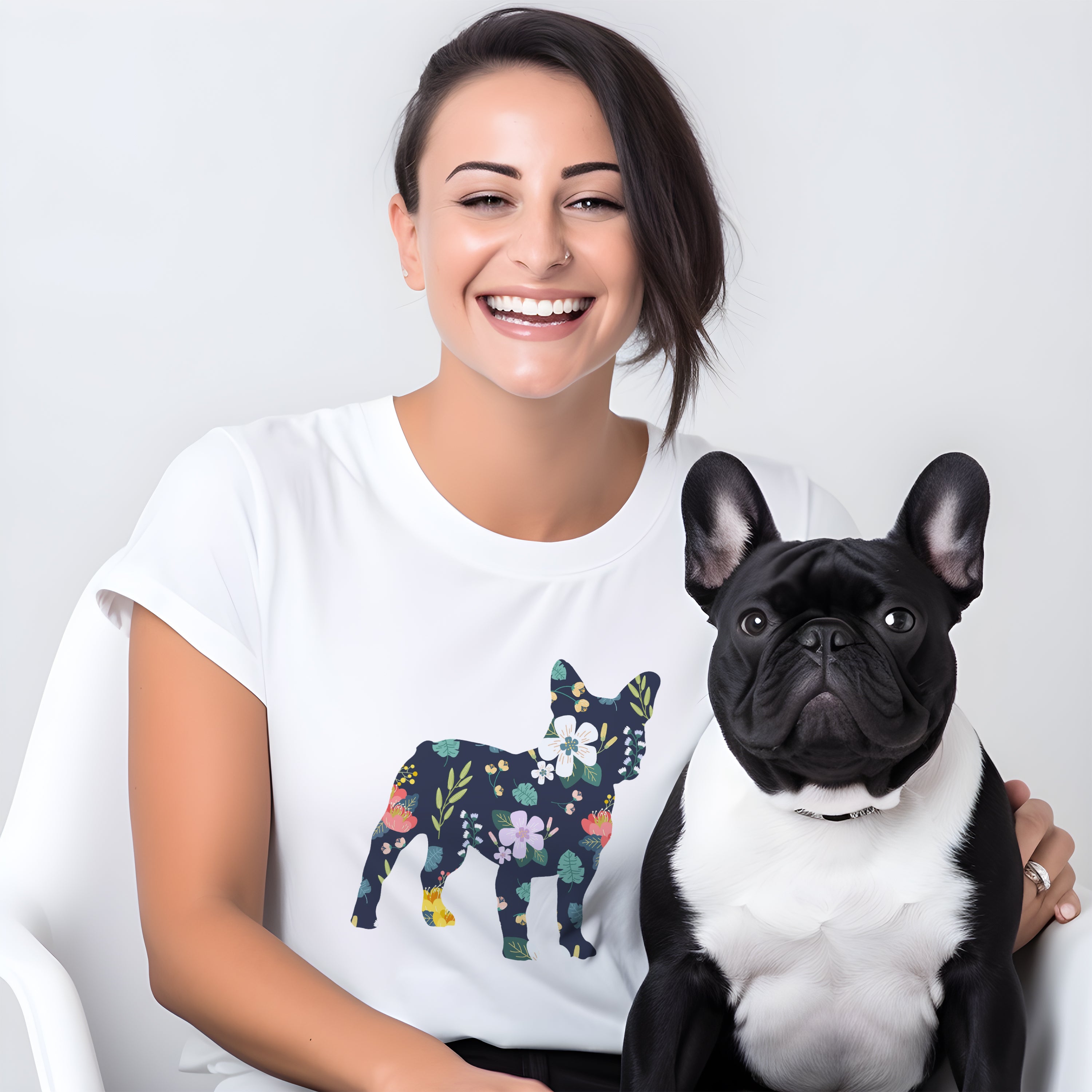 Floral French Bulldog Cotton T-Shirt for Bulldog Owners-fadou
