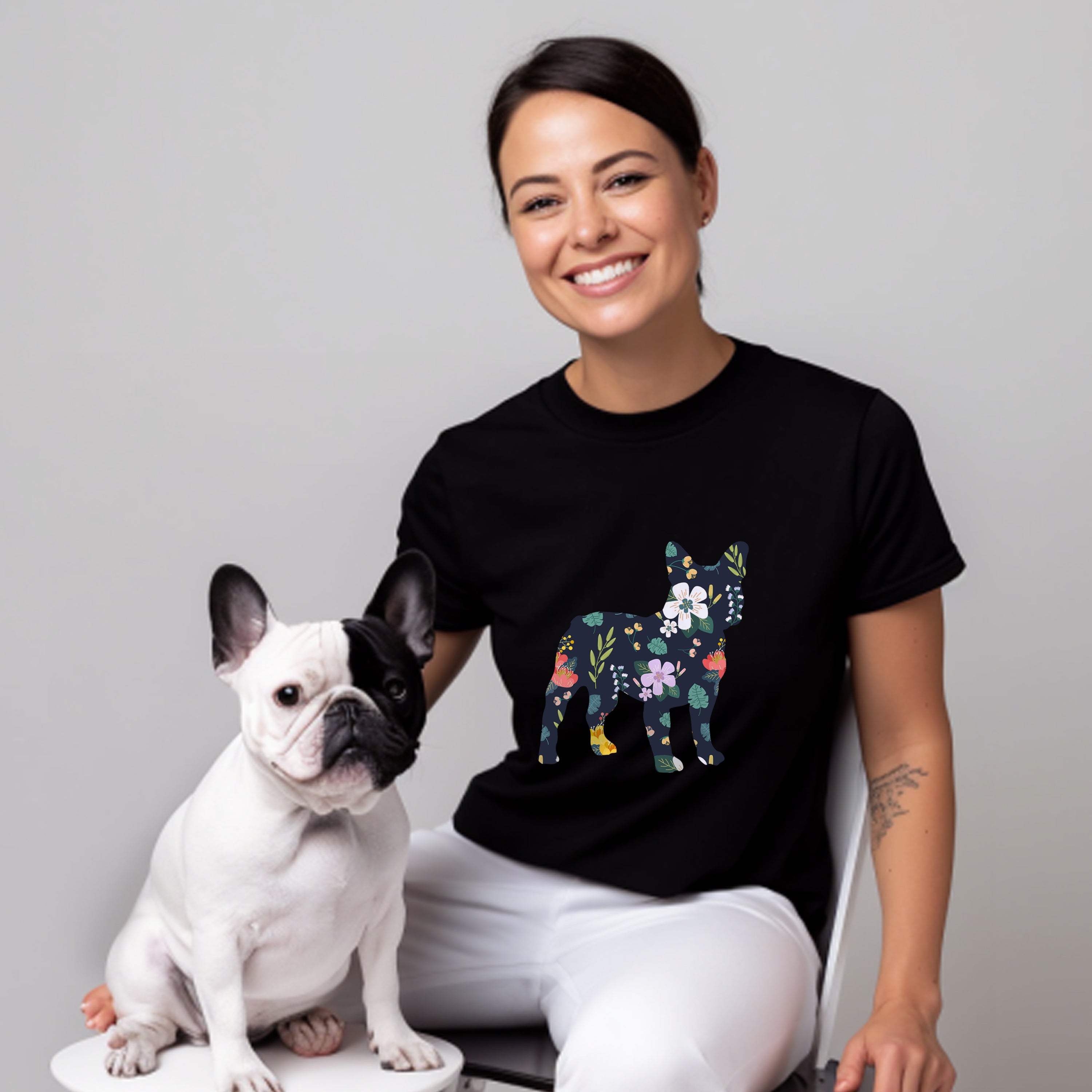 Floral French Bulldog Cotton T-Shirt for Bulldog Owners-fadou