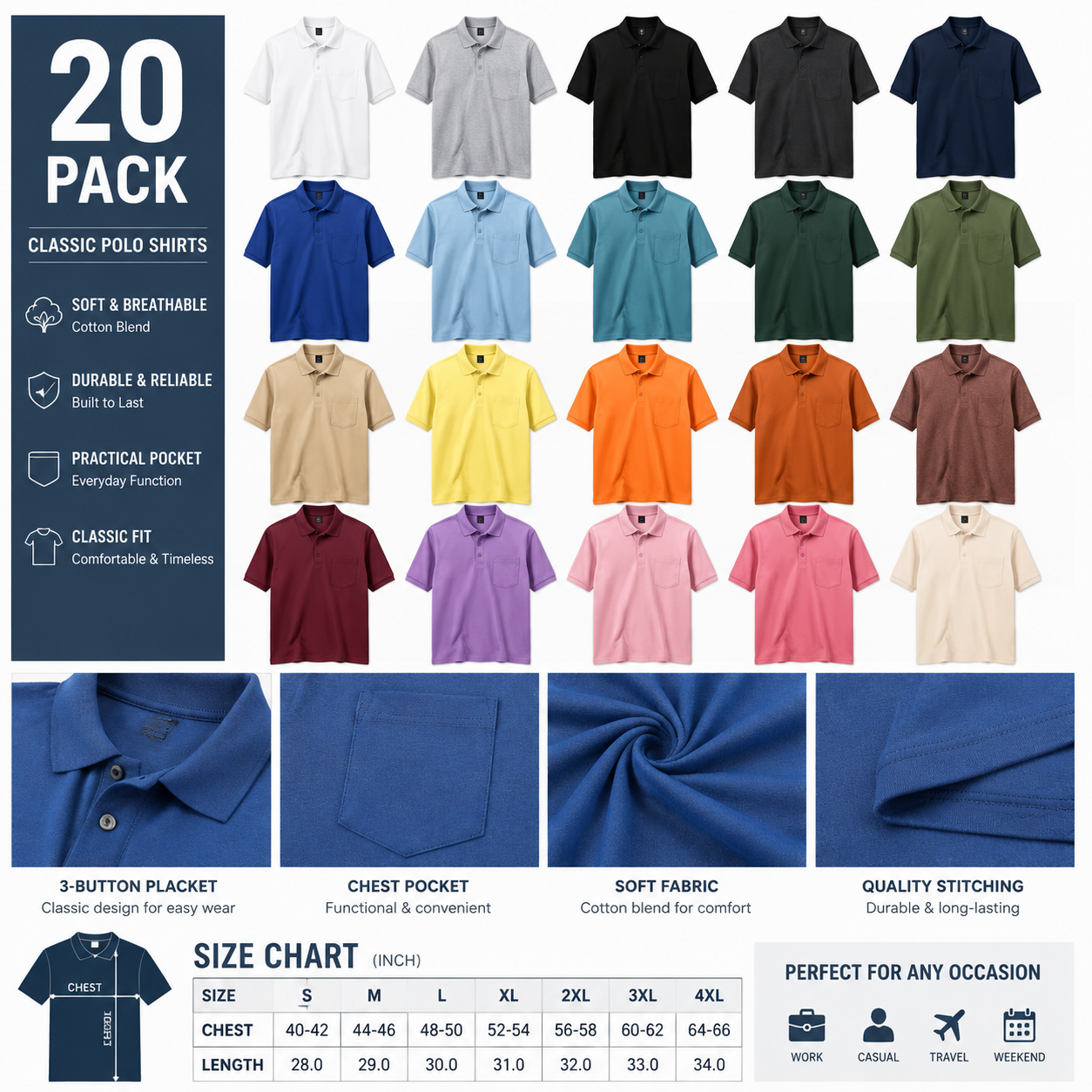 20-pack assorted color classic pocket polo shirts set