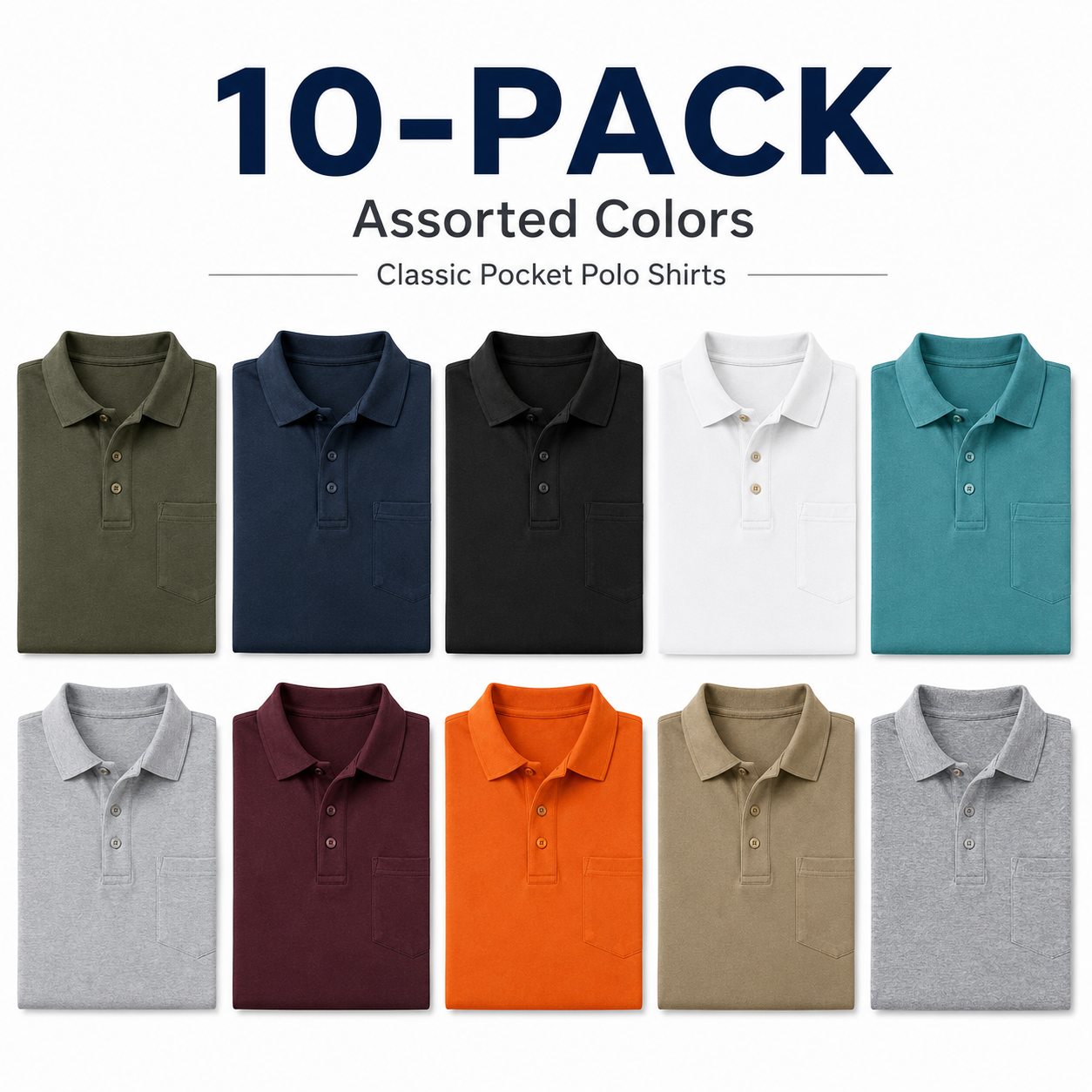 10-pack assorted color classic pocket polo shirts set